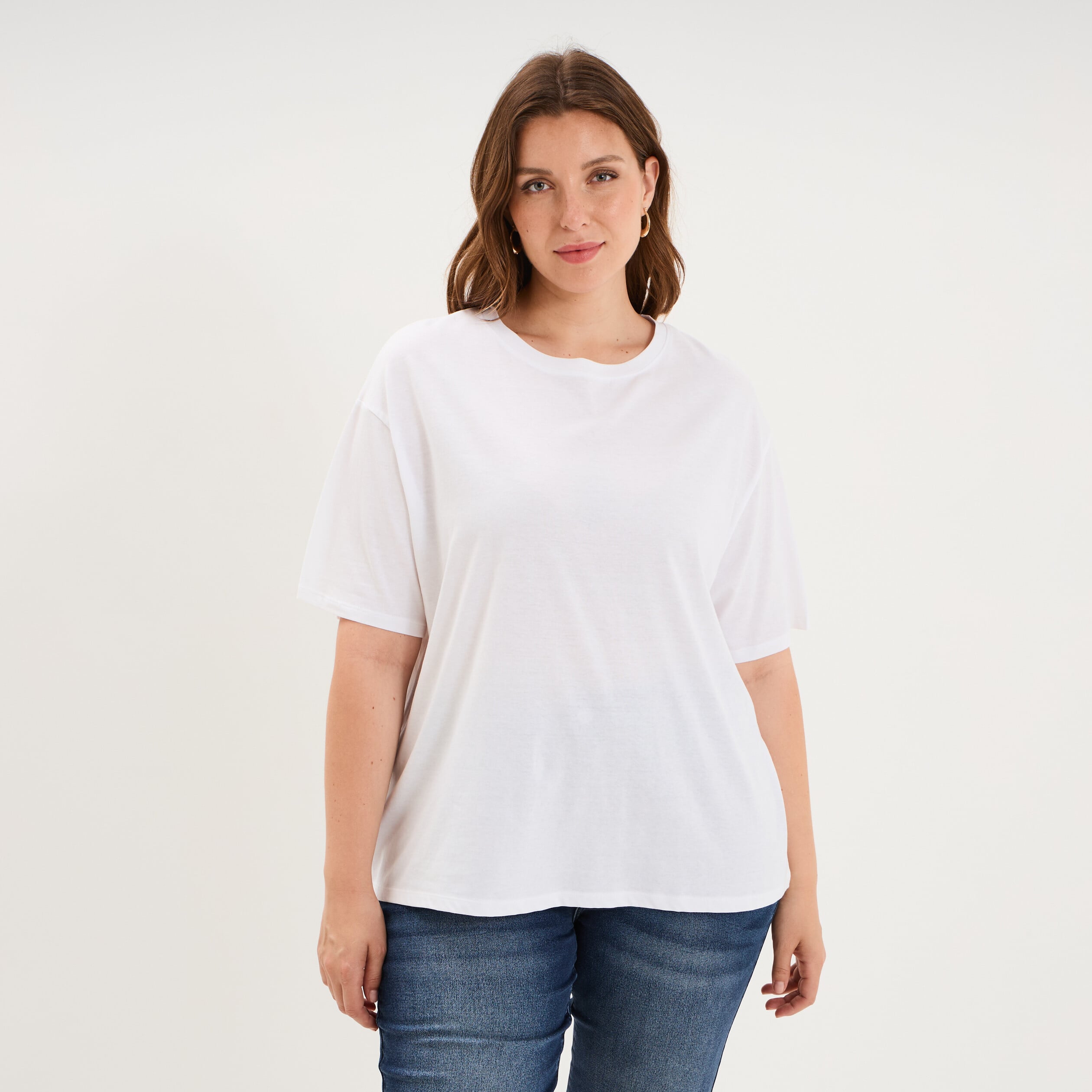 T-shirt col rond manches courtes coton blanc femme grande taille