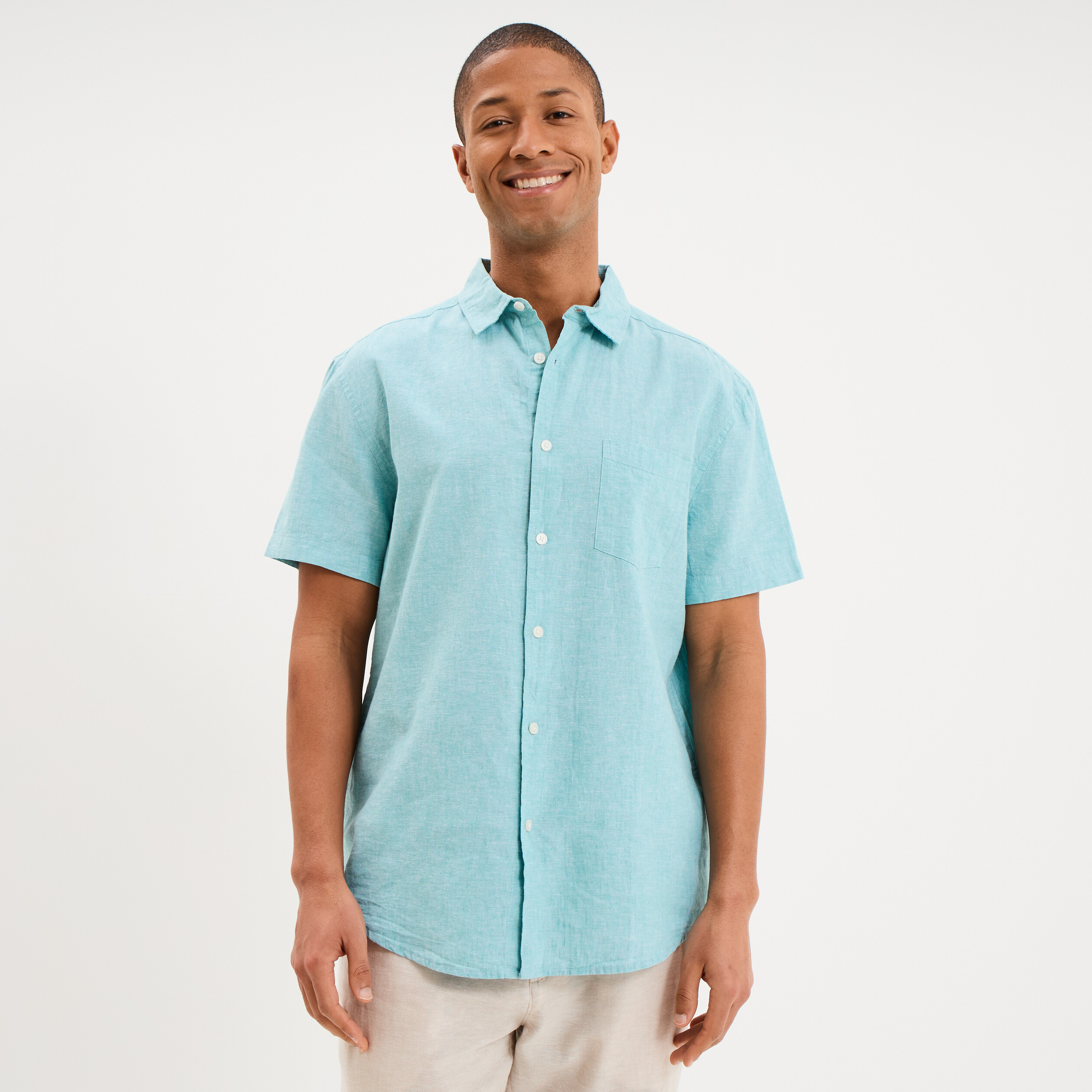 Chemise manches courtes lin m&eacute;lang&eacute; bleu turquoise homme
