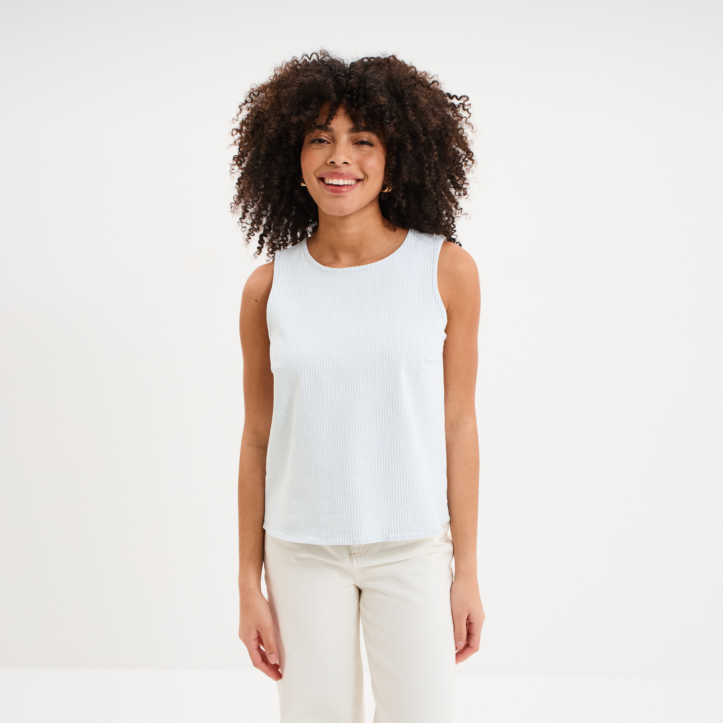 Blouse courte sans manches droite coton blanc femme