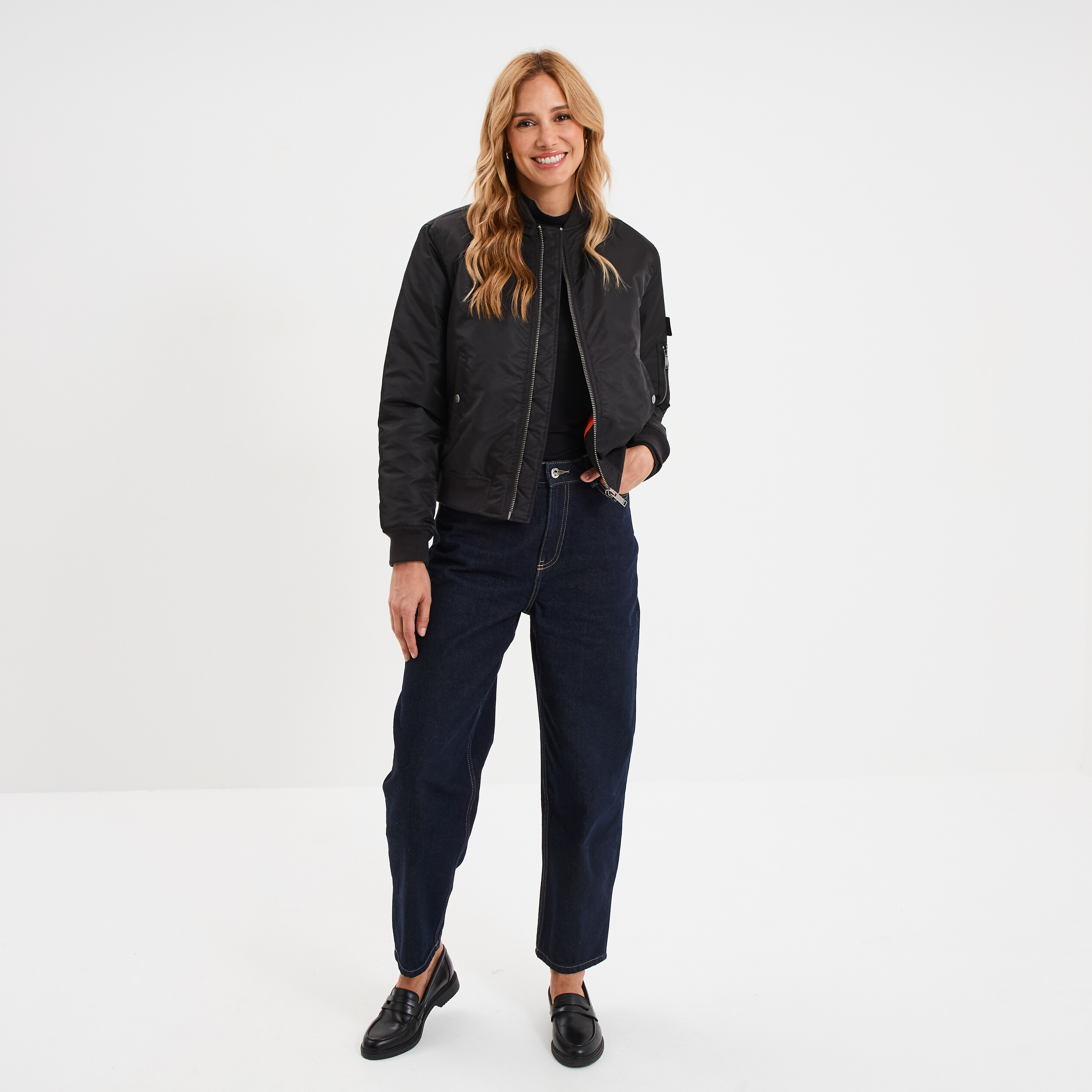 Blouson d&eacute;perlant col teddy noir femme