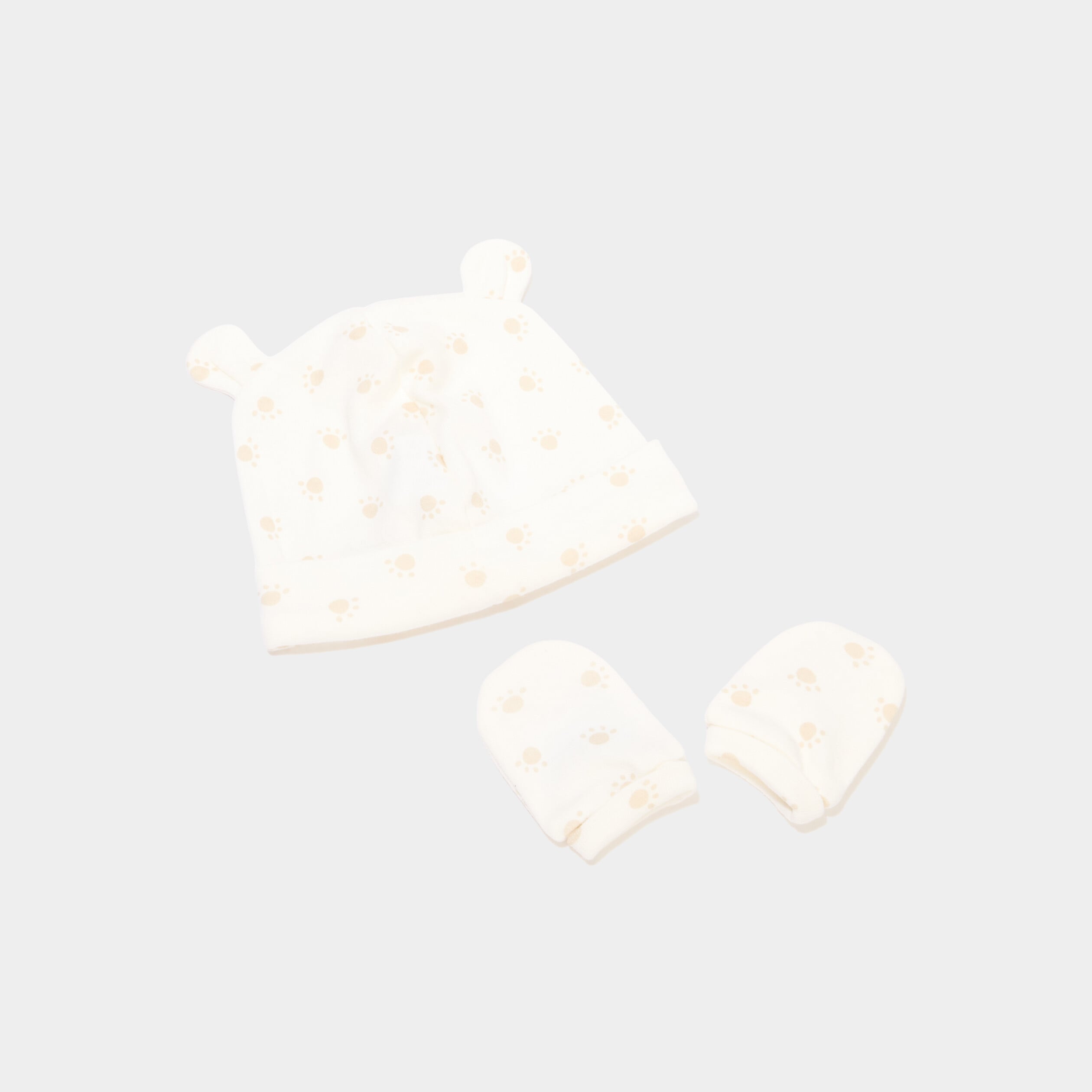 Ensemble bonnet et mouffles coton taupe b&eacute;b&eacute;