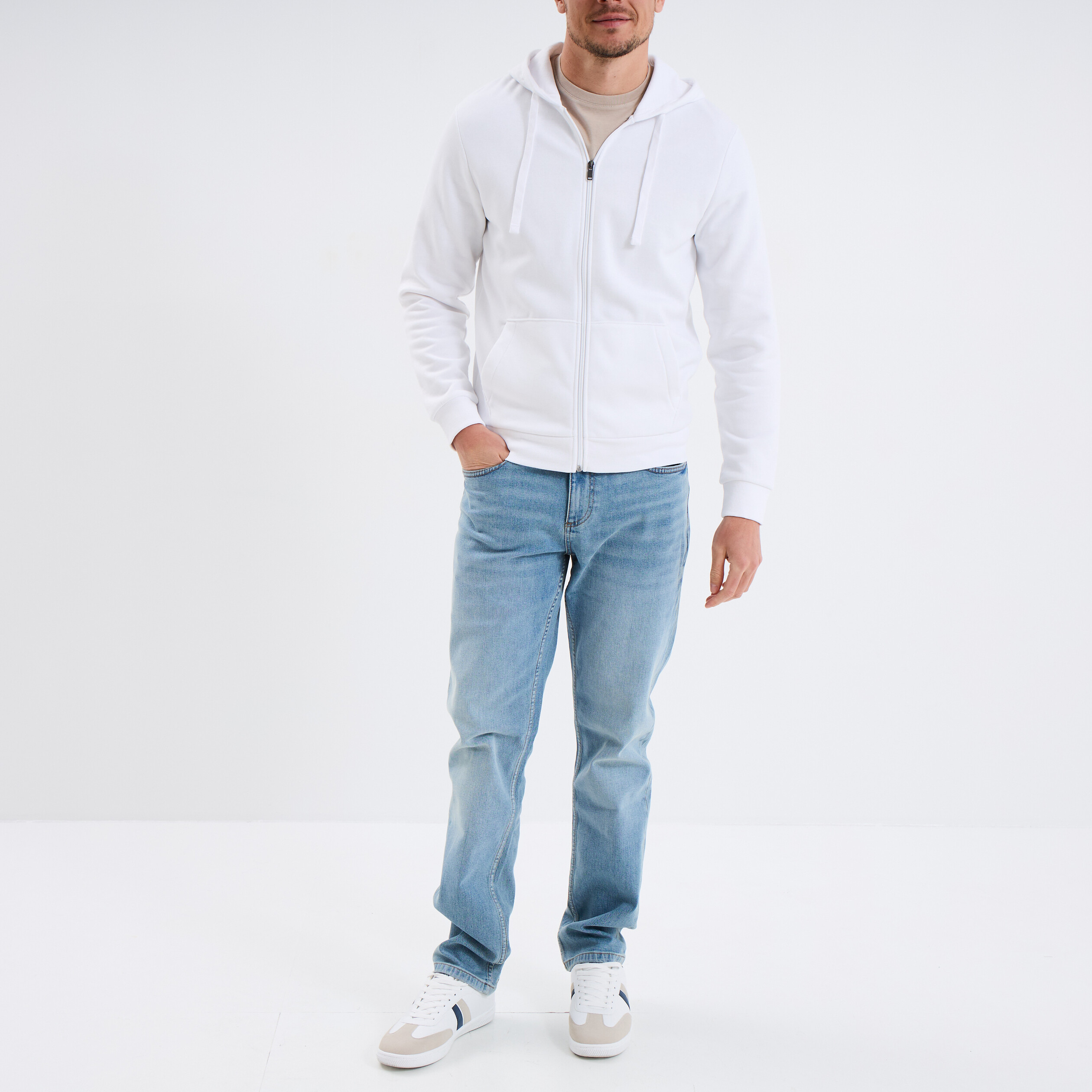 Sweat zipp&eacute; molleton &agrave; capuche blanc homme
