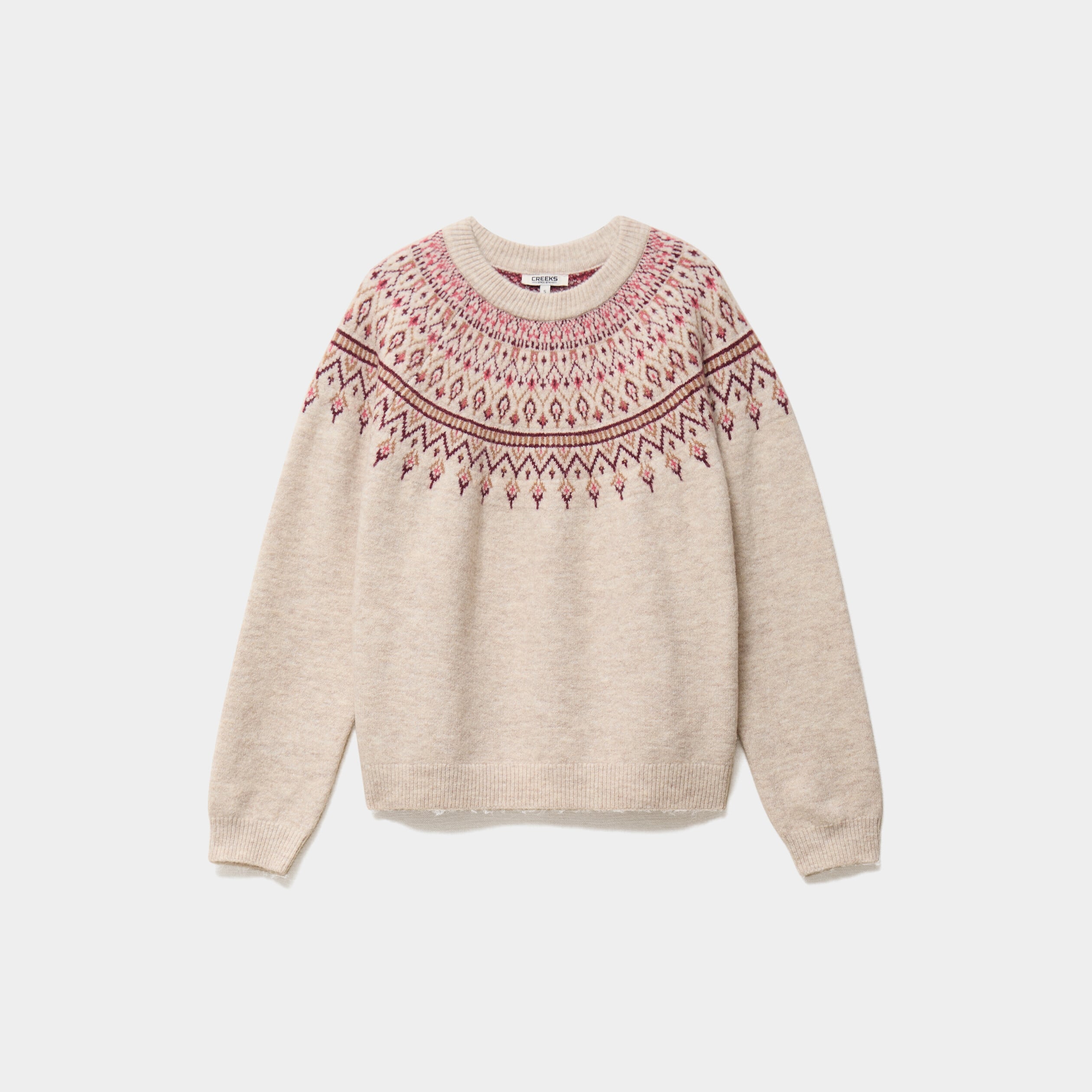 Pull jacquard col rond manches longues ecru femme