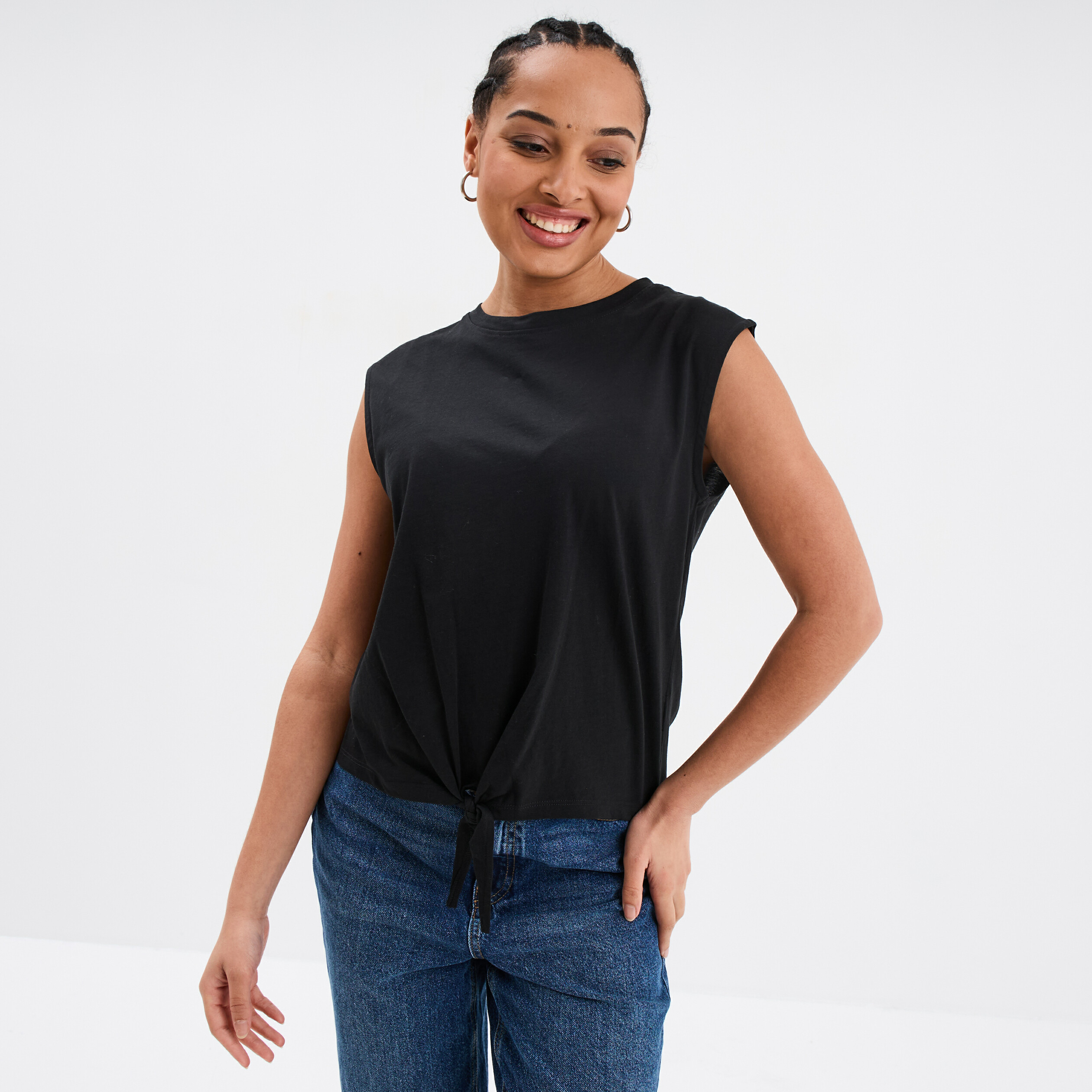debardeur noue sans manches coton noir femme Débardeur noué sans manches coton noir femme