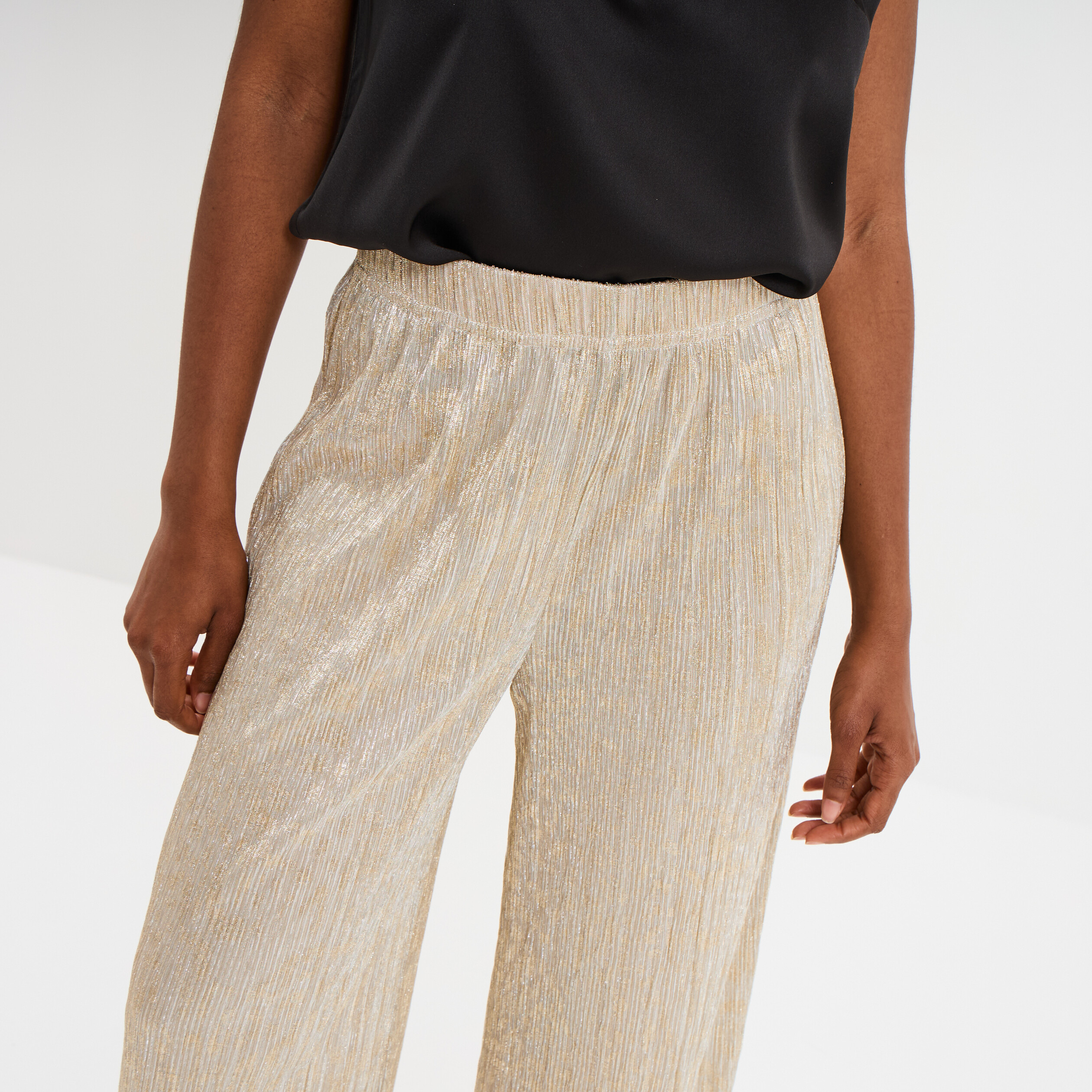 pantalon plisse taille elastiquee jaune or femme Pantalon plissé taille élastiquée jaune or femme