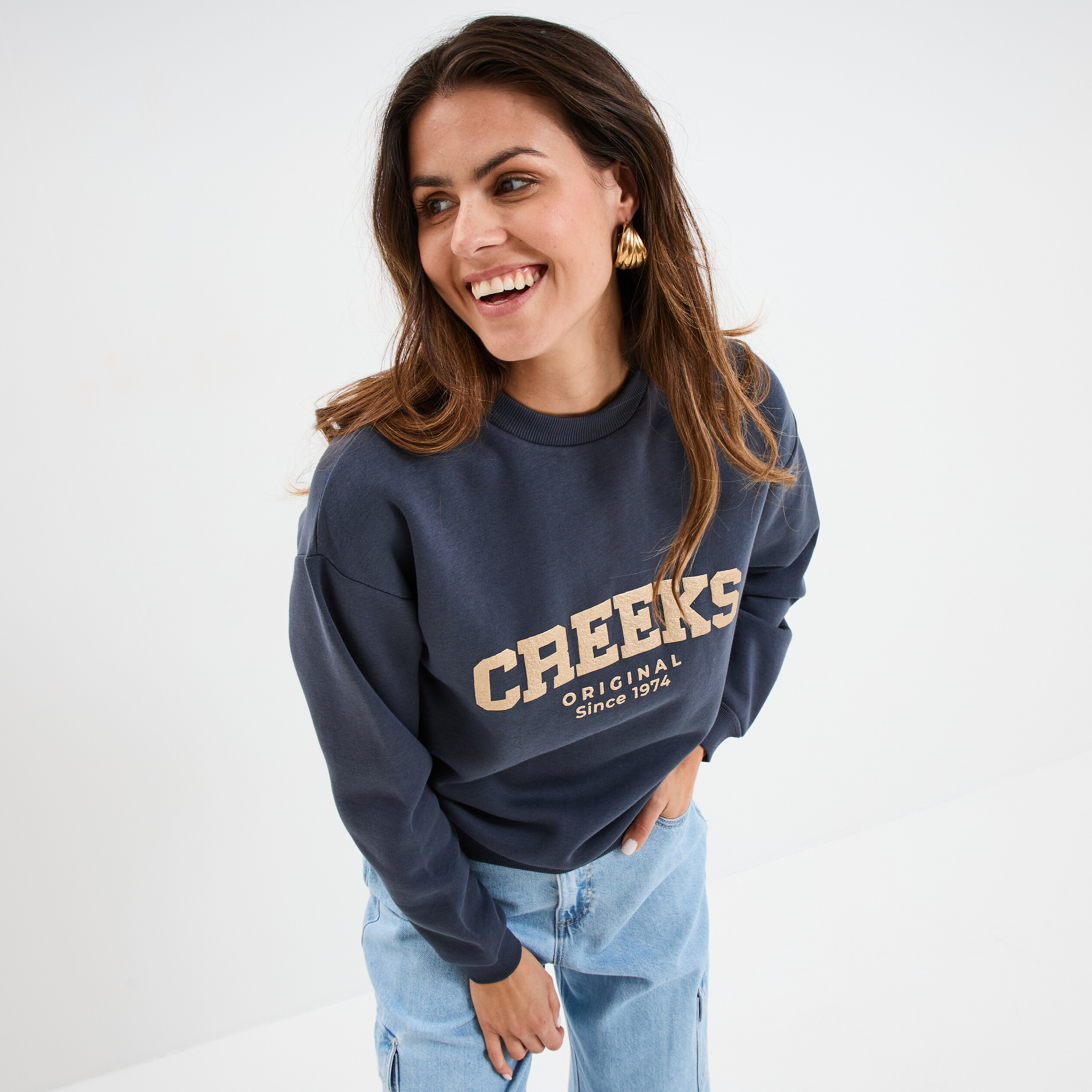 Sweat molleton col rond manches longues bleu fonc&eacute; femme