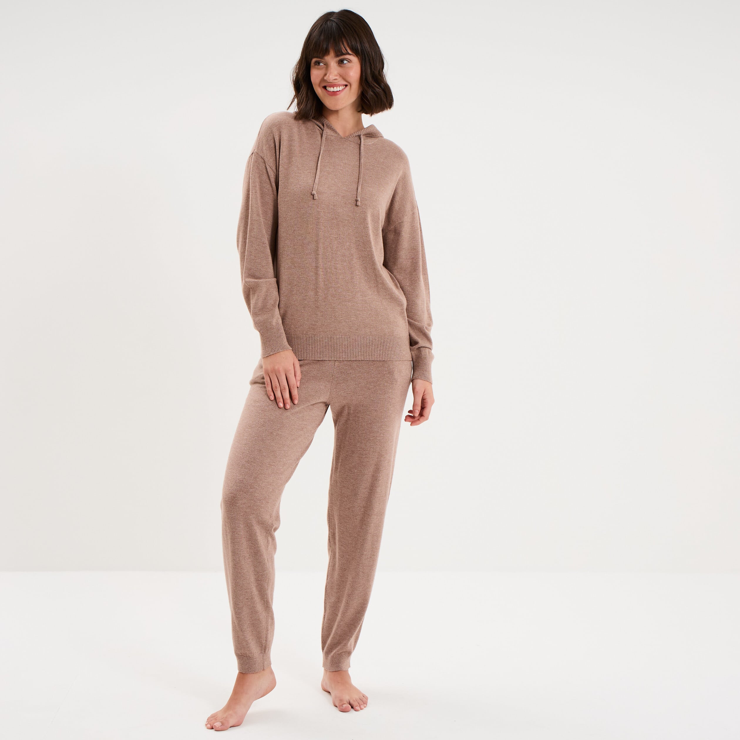 Haut de pyjama hoodie manches longues marron chocolat femme