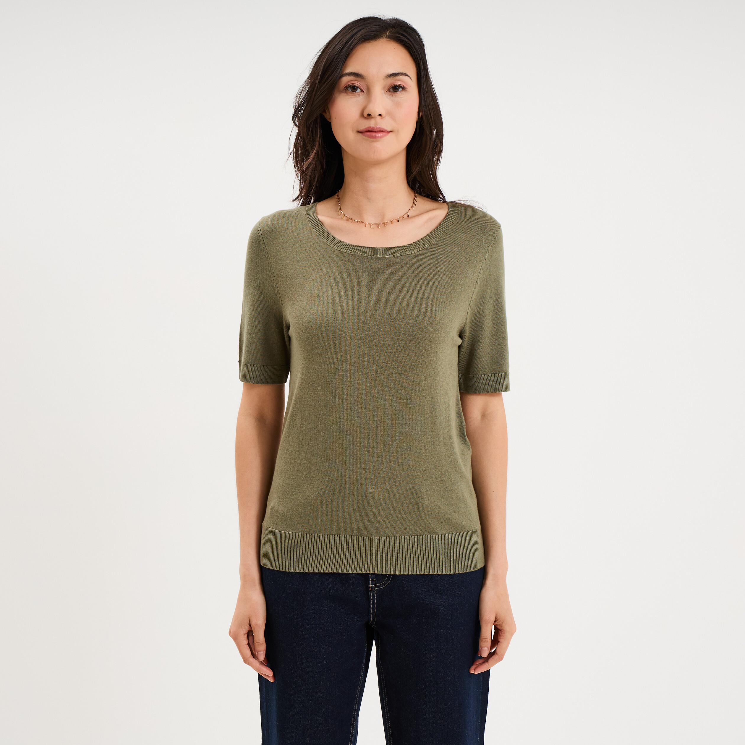 Pull manches courtes col rond vert kaki femme