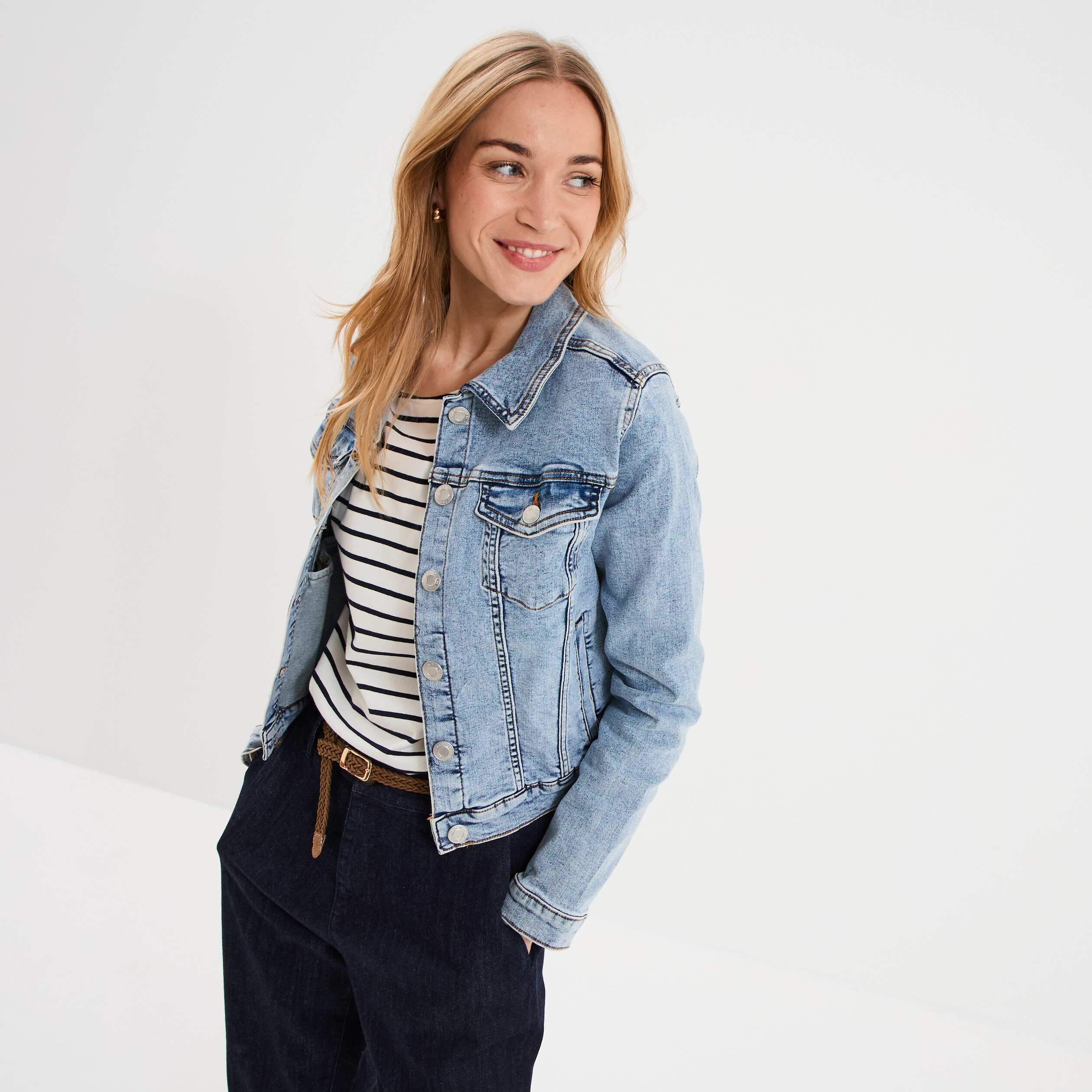Veste en jean ajust&eacute;e boutonn&eacute;e denim double stone femme