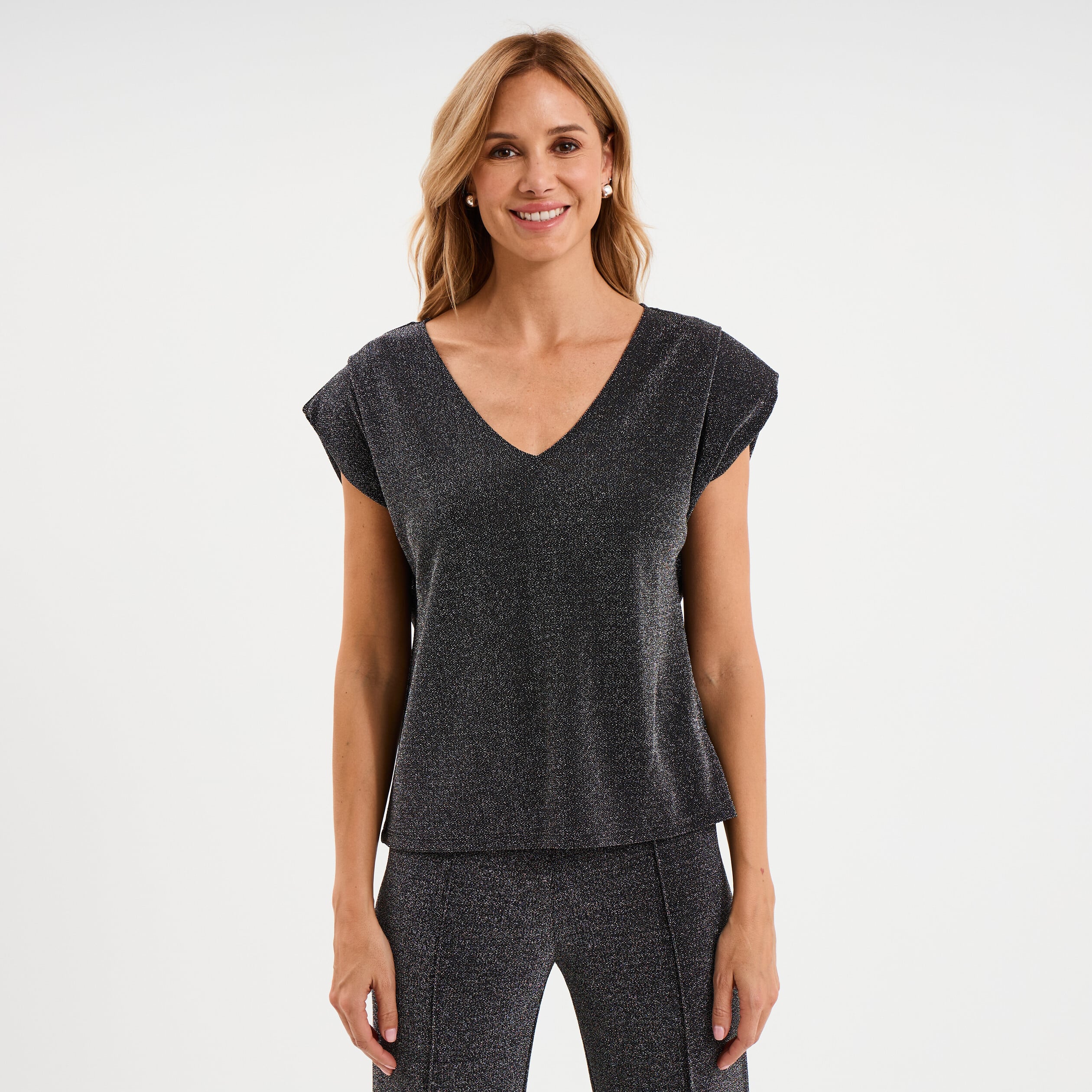 T-shirt manches courtes col en V gris argent femme