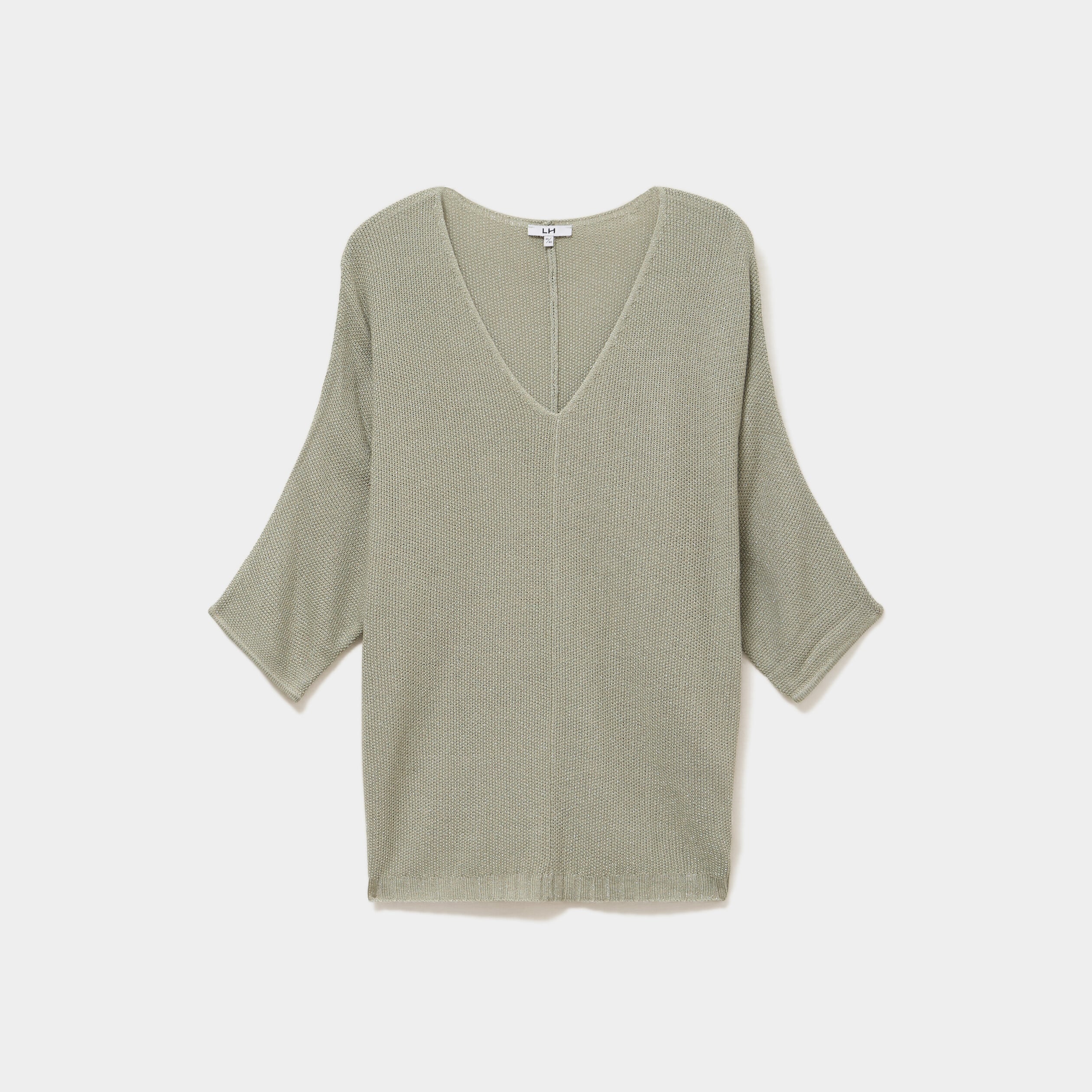 Pull manches 3/4 col en V vert kaki femme grande taille