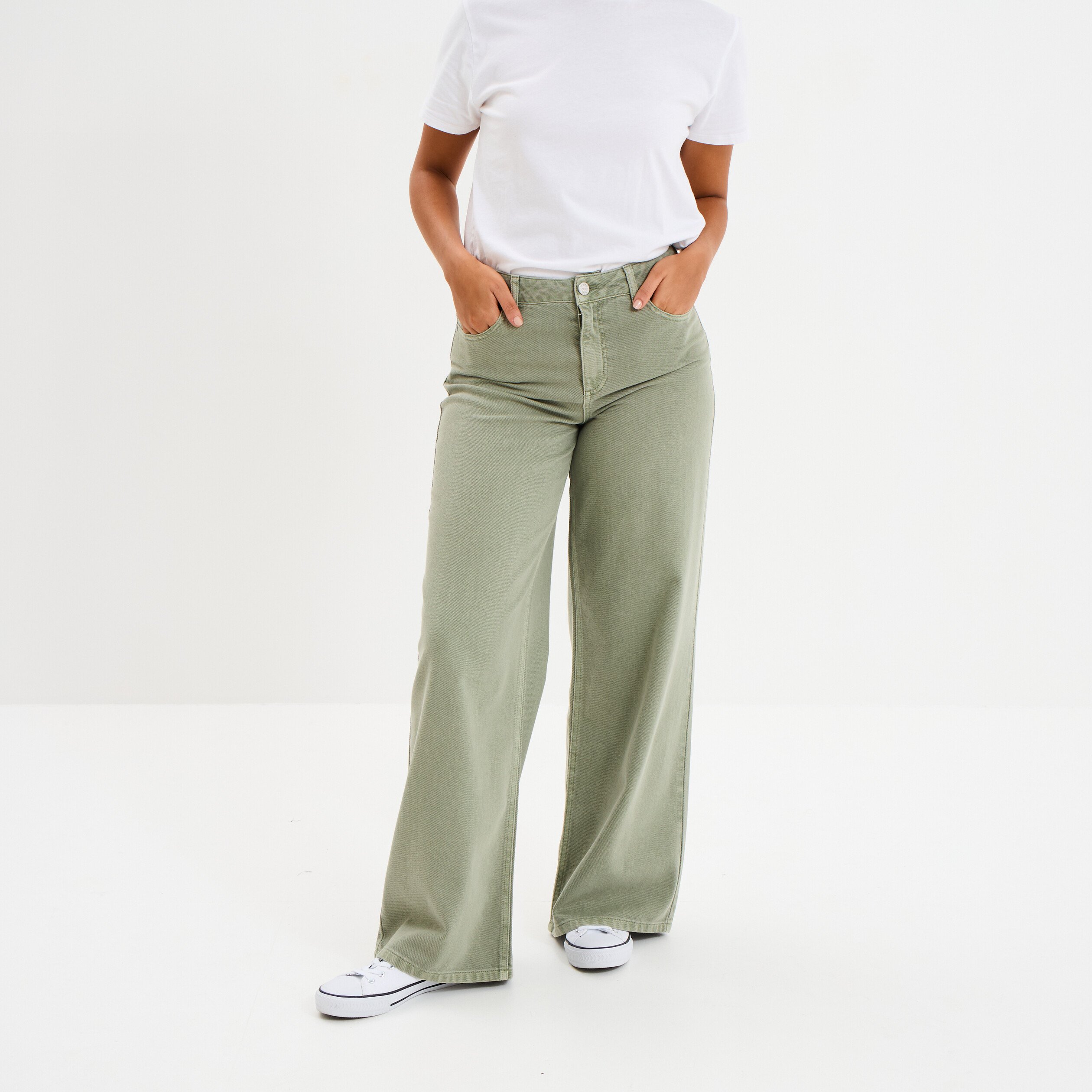 HOT Vert Kaki Jean Kaki Taille Haute Femme Jeans Large Taille