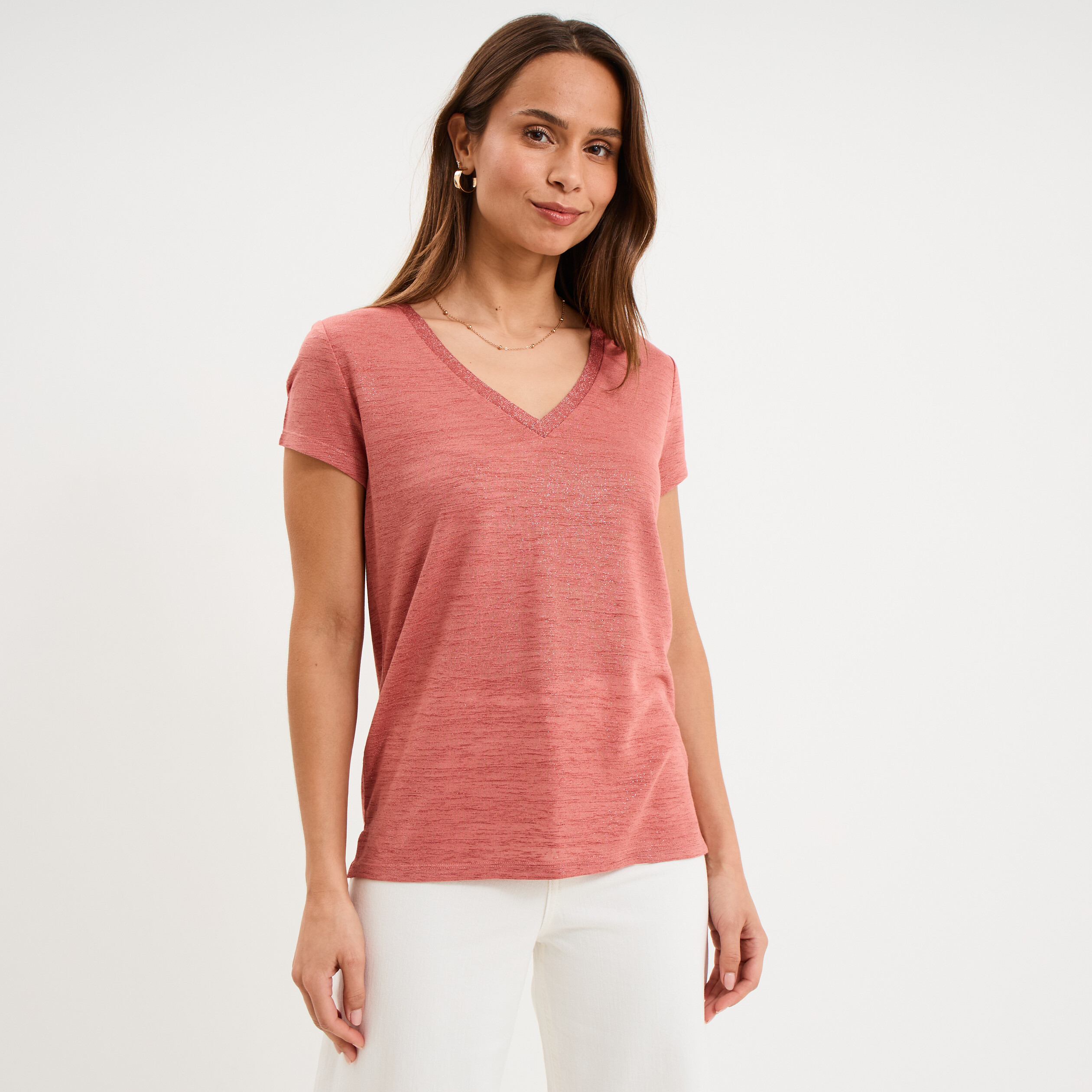 T-shirt col en V manches courtes terracotta femme