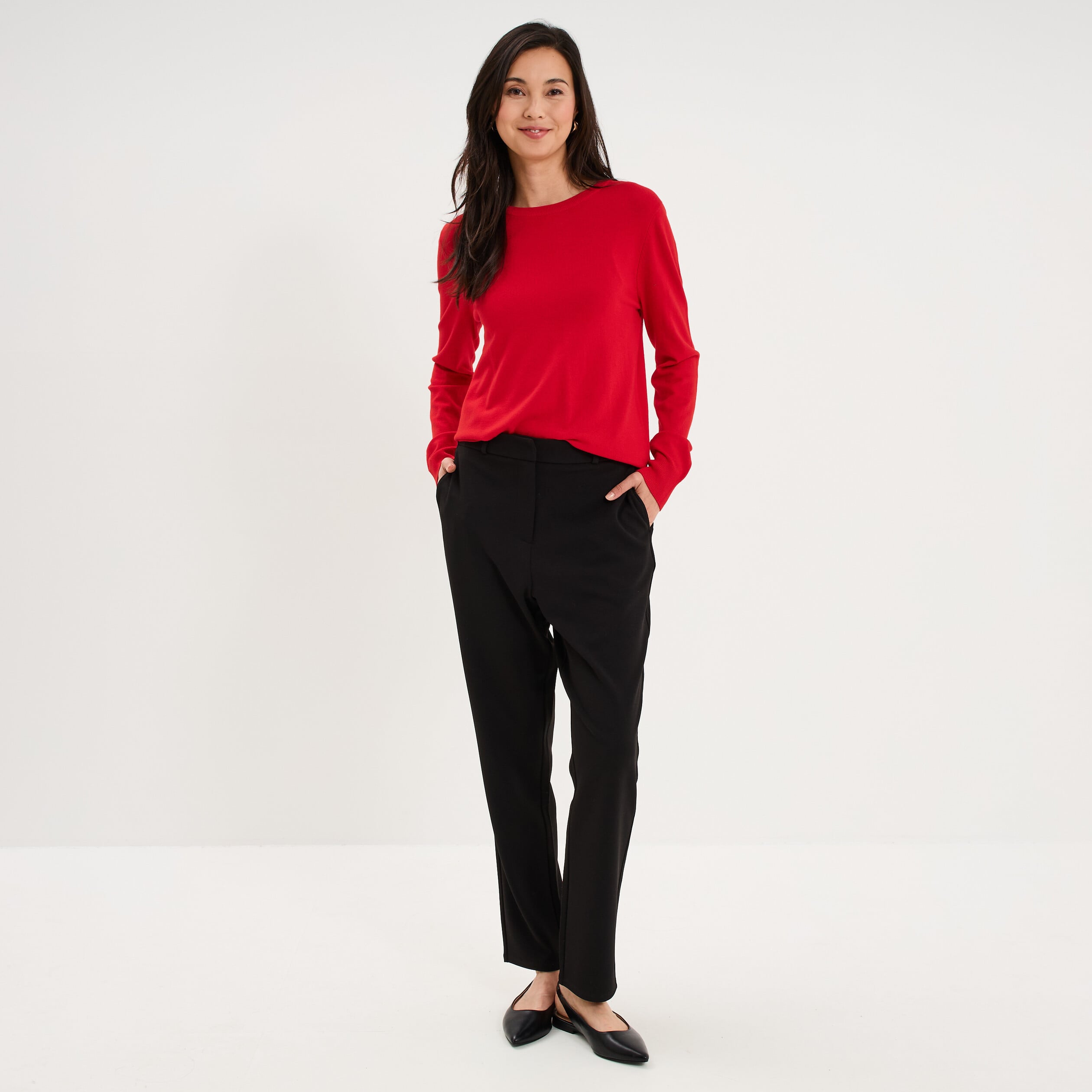 Pull col rond manches longues rouge femme