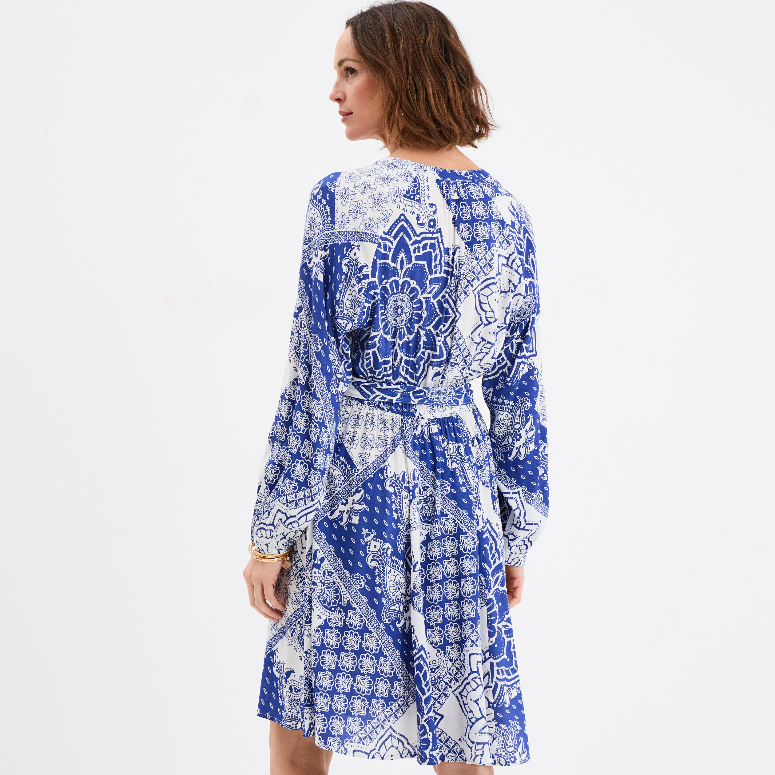 Robe fluide manches longues ceintur&eacute;e bleu femme