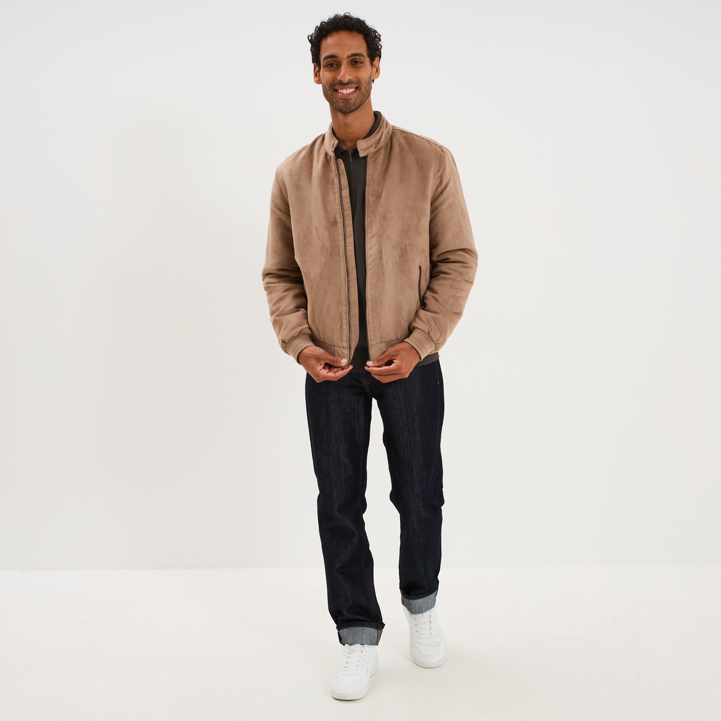 Blouson col biker en su&eacute;dine zipp&eacute; taupe homme