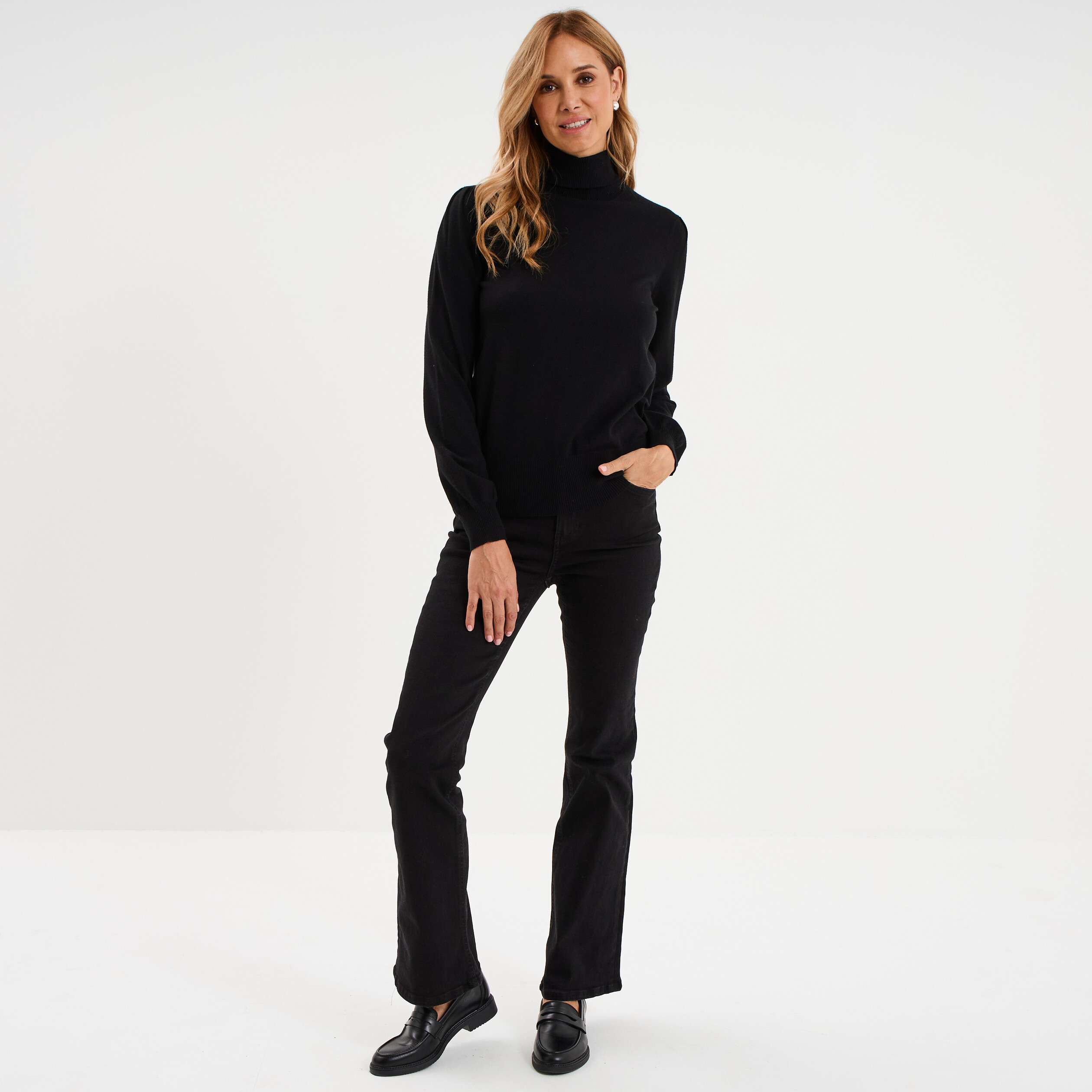 Pull Col Roulé Noir Femme En Laine - Marque Aquarelle, Taille L, Occasion En Très Bon état