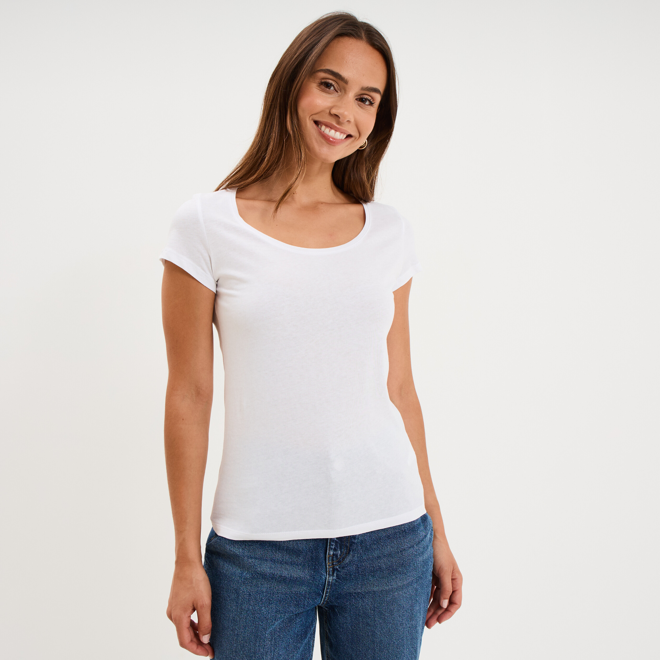 T-shirt coton col rond manches courtes blanc femme