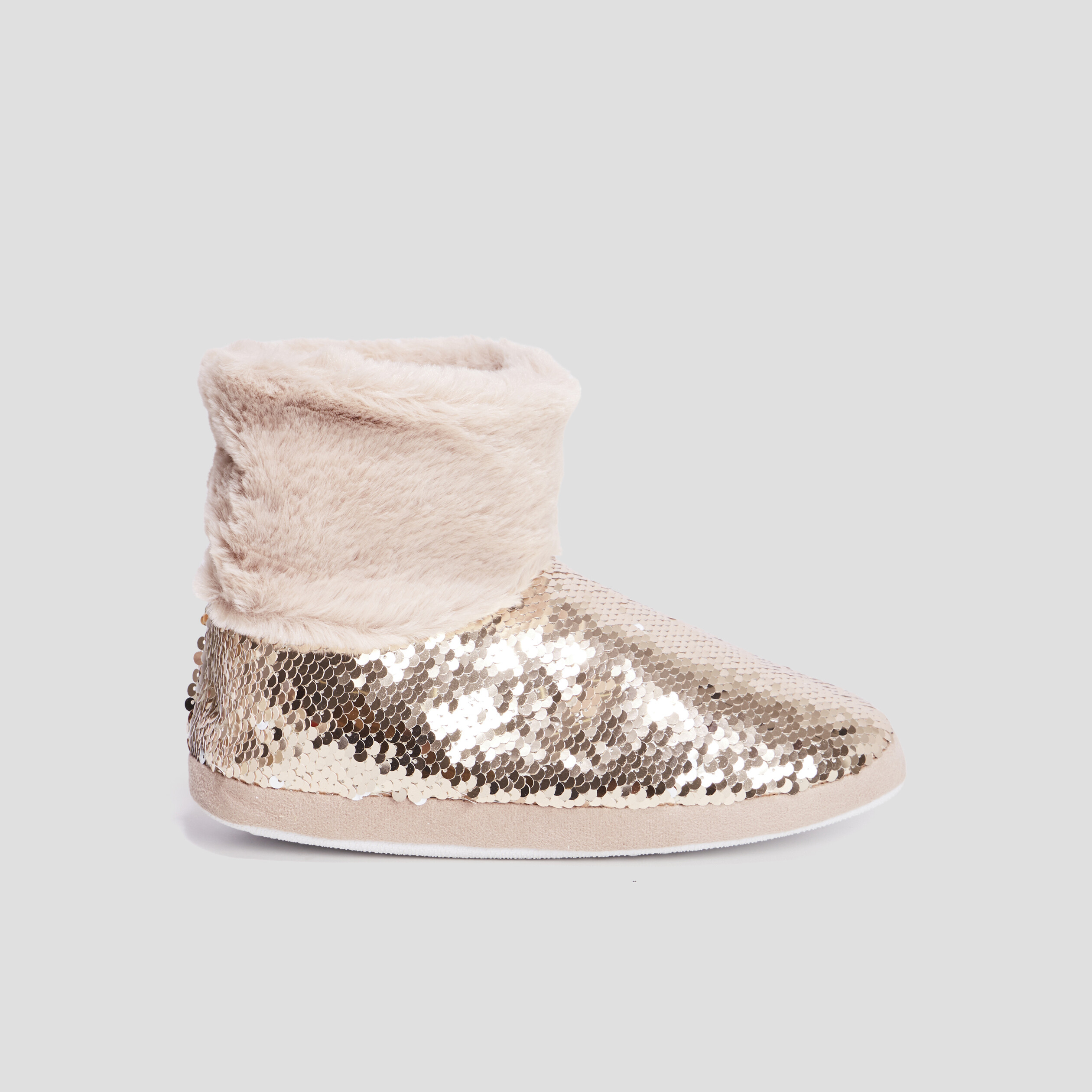 chaussons bottines sequins et fourrure jaune or femme Chaussons bottines sequins et fourrure jaune or femme