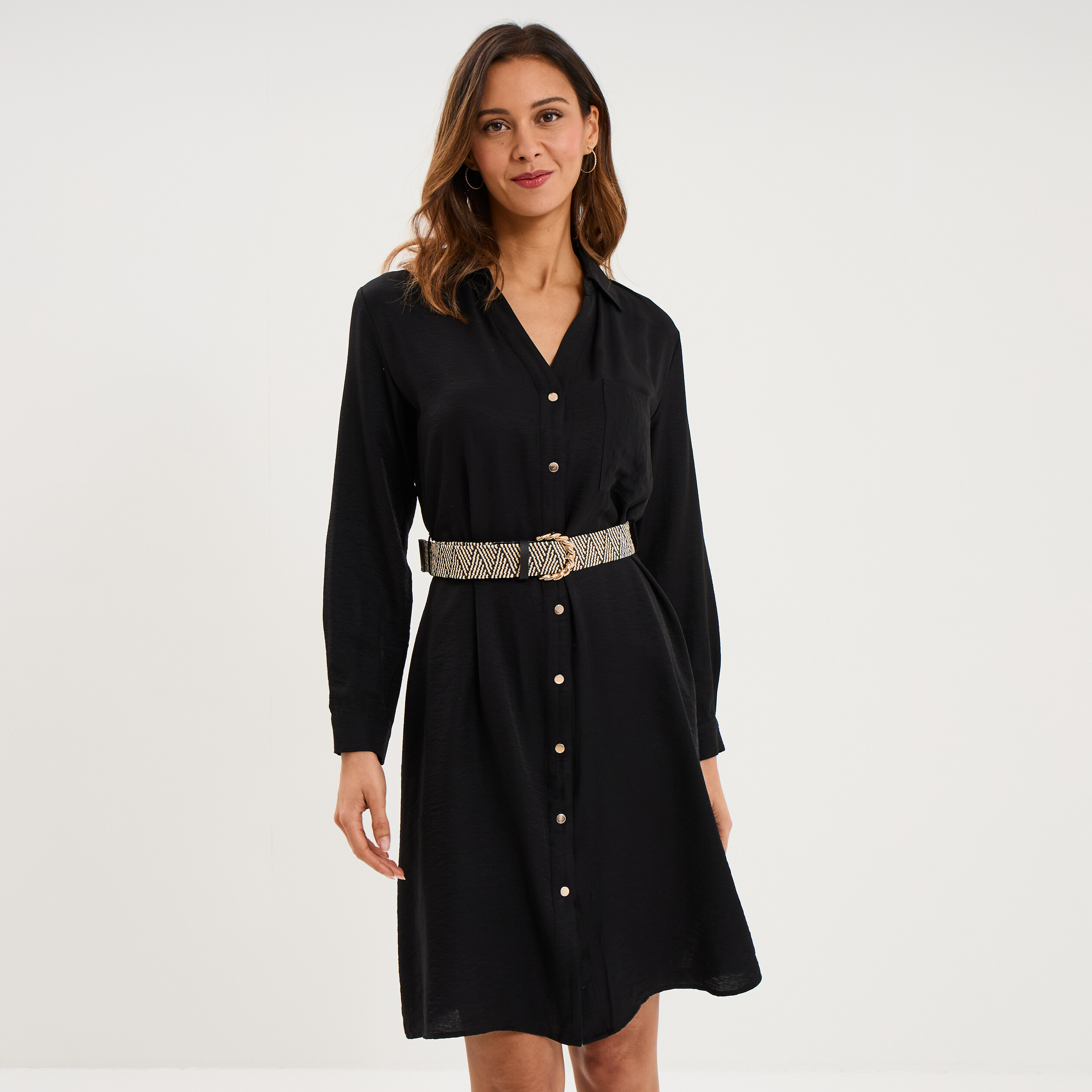 Robe chemise avec ceinture tress&eacute;e noir femme