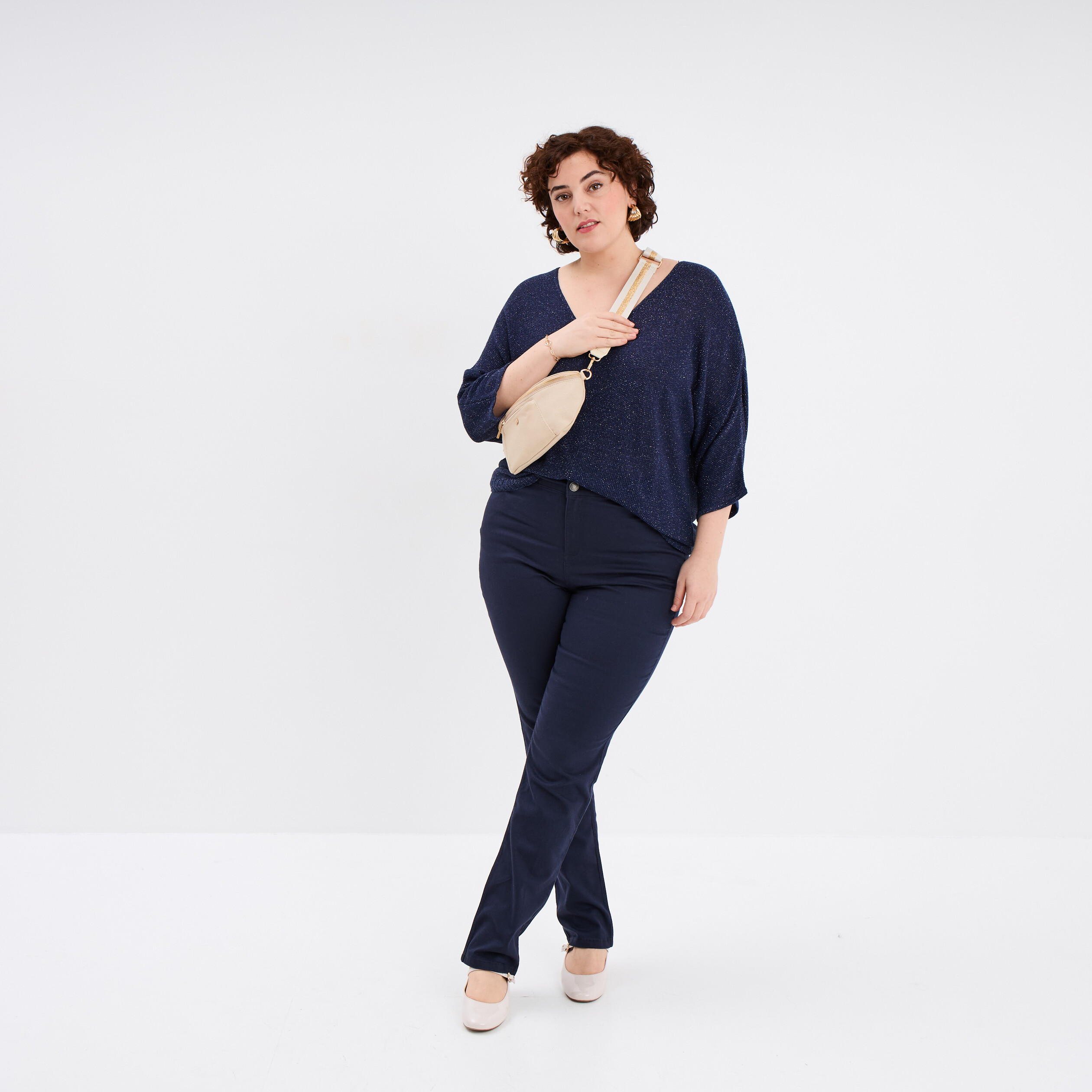 Pantalon droit taille haute extensible bleu marine femme grande taille