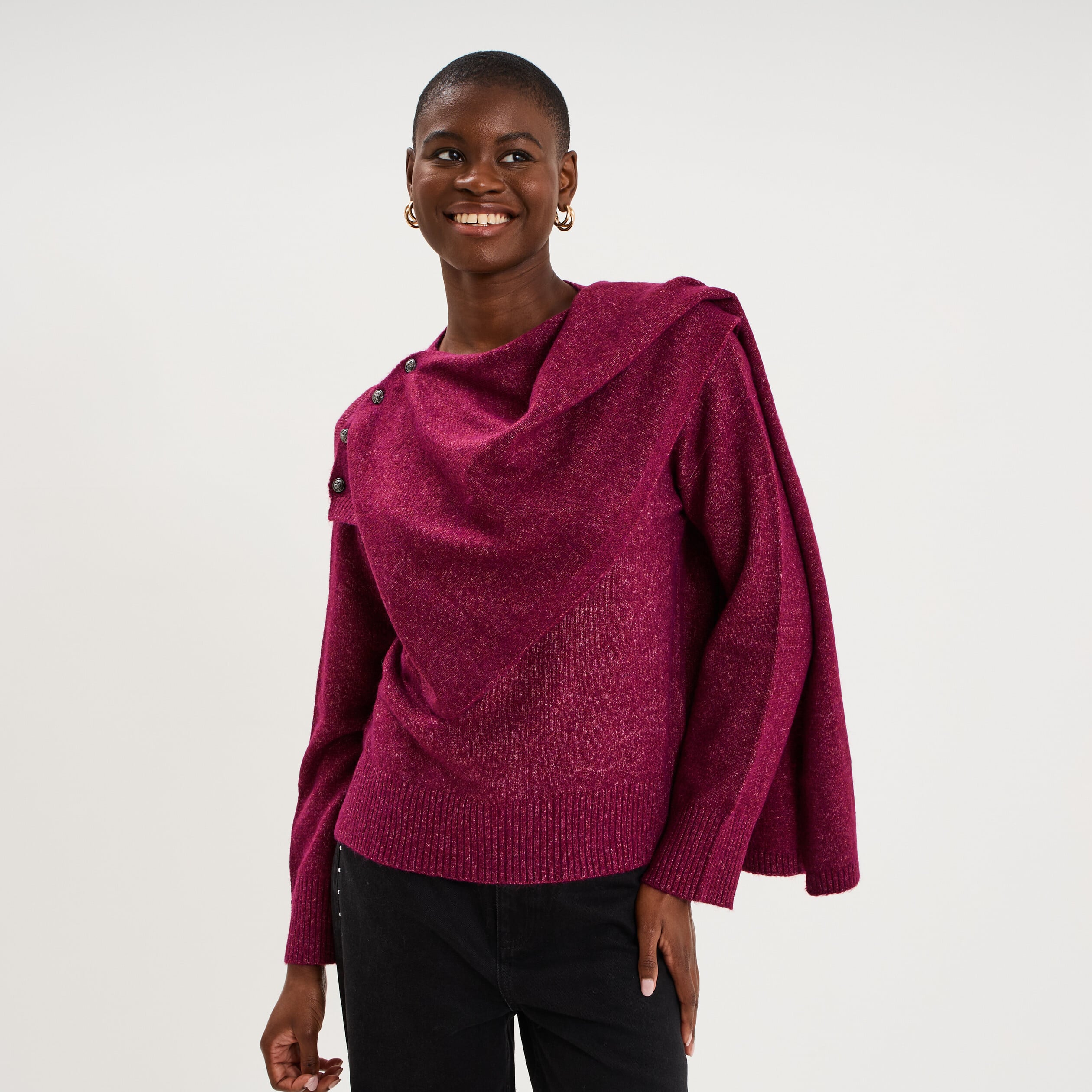 Pull col rond &eacute;charpe amovible rouge fonc&eacute; femme