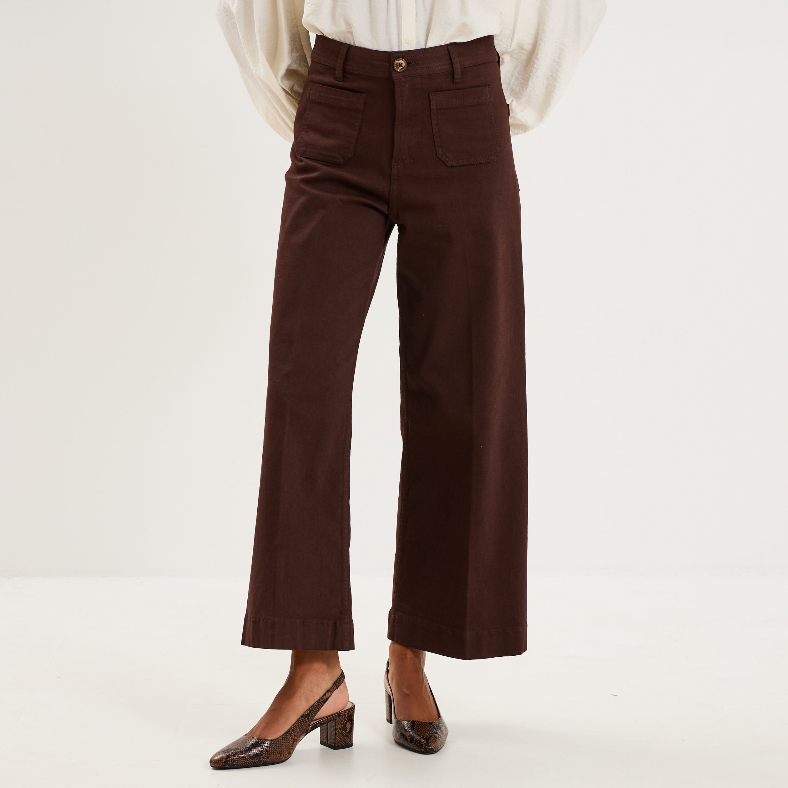 Pantalon large poche plaqu&eacute;e cropped marron fonc&eacute; femme