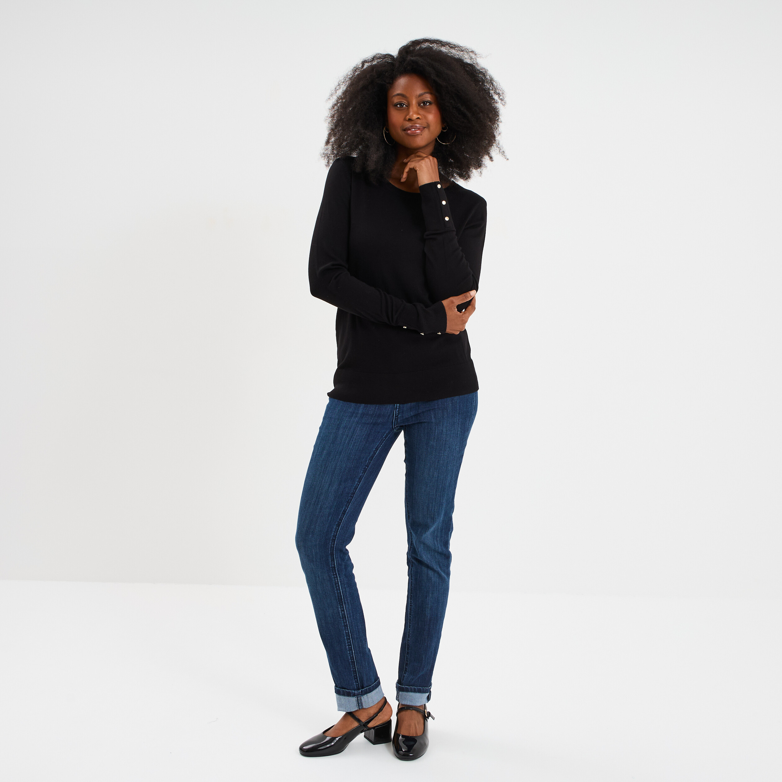 pull col rond boutons aux poignets noir femme Pull col rond boutons aux poignets noir femme