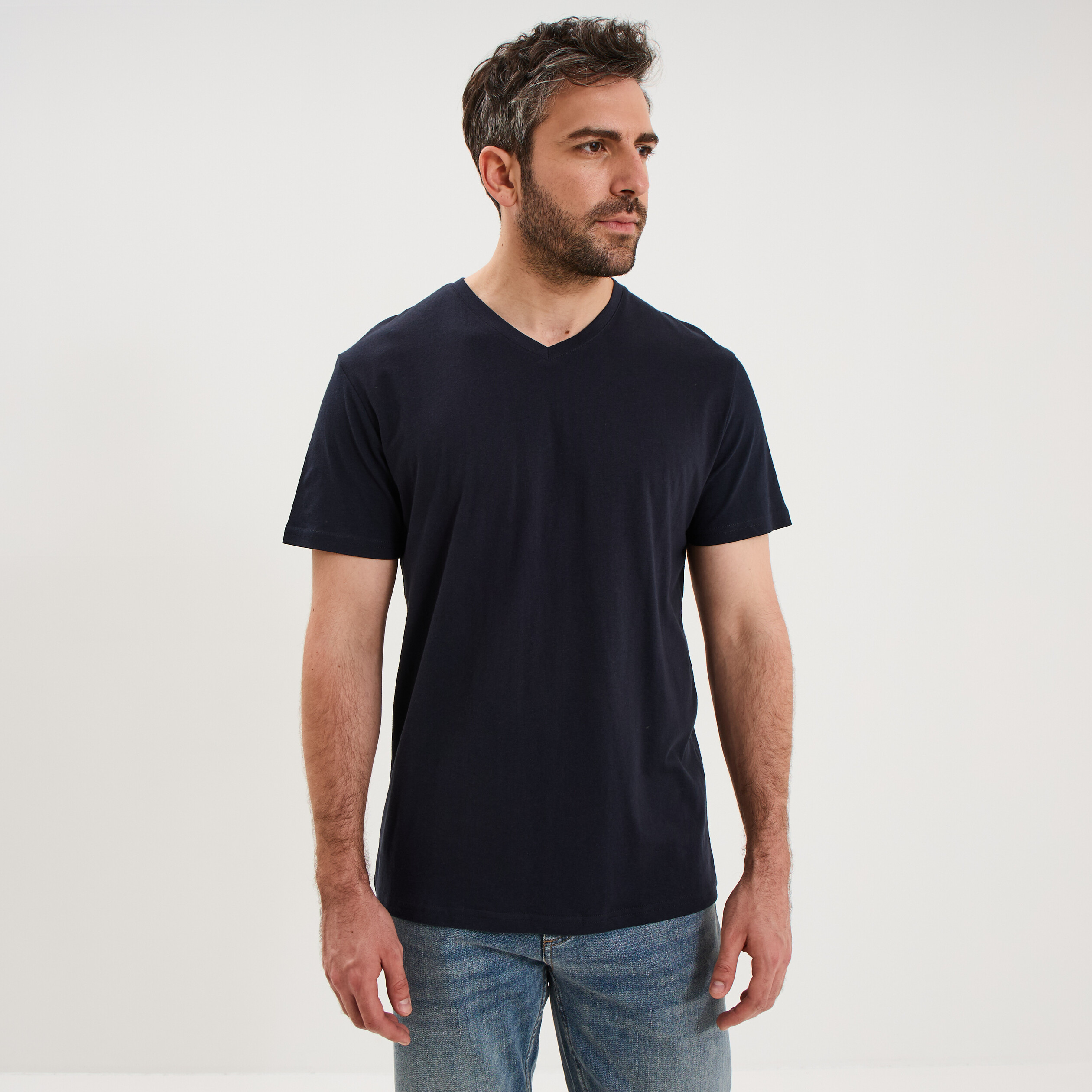 T-shirt manches courtes coton col V bleu marine homme