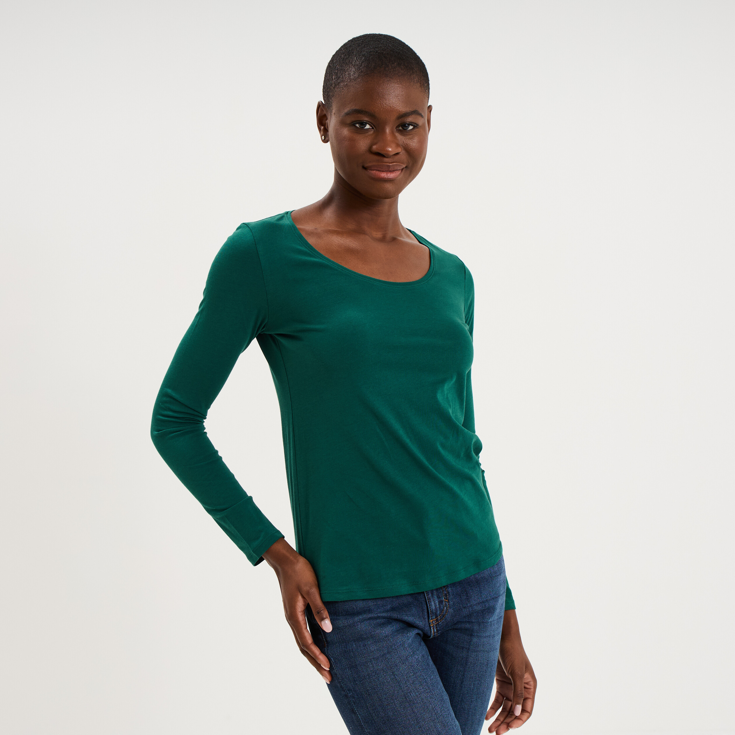 T-shirt coton col rond manches longues vert fonc&eacute; femme