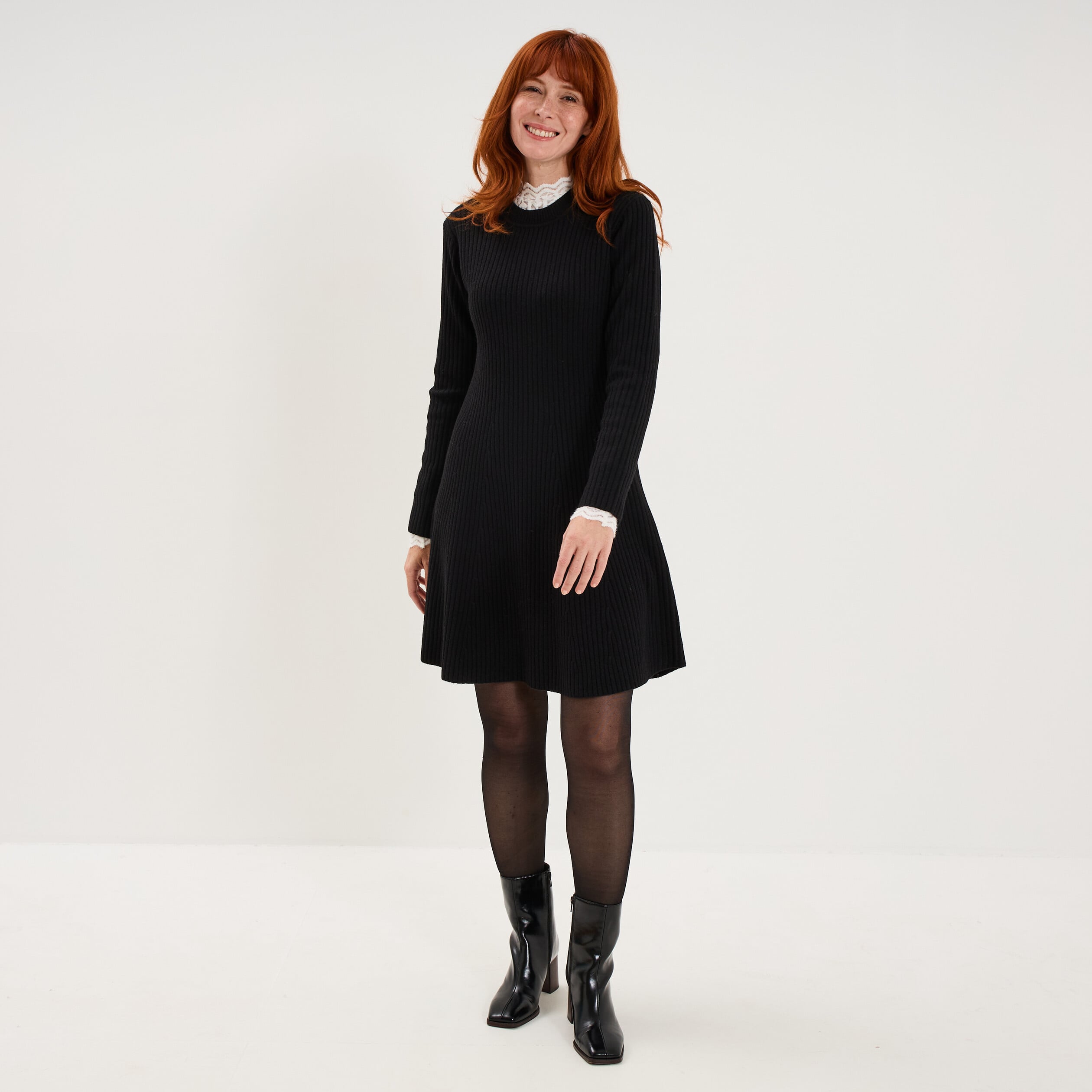 Robe tricot c&ocirc;tel&eacute;e manches longues noir femme