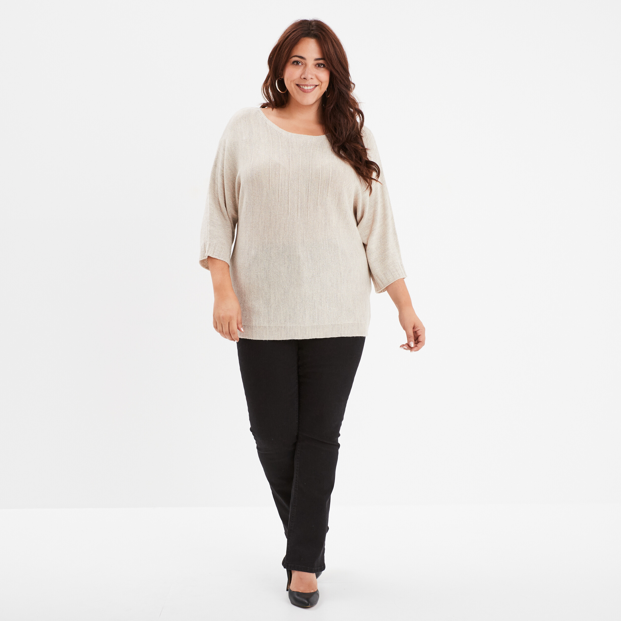 pull manches 34 fils metallises ecru femmegt Pull manches 3/4 fils métallisés ecru femme grande taille