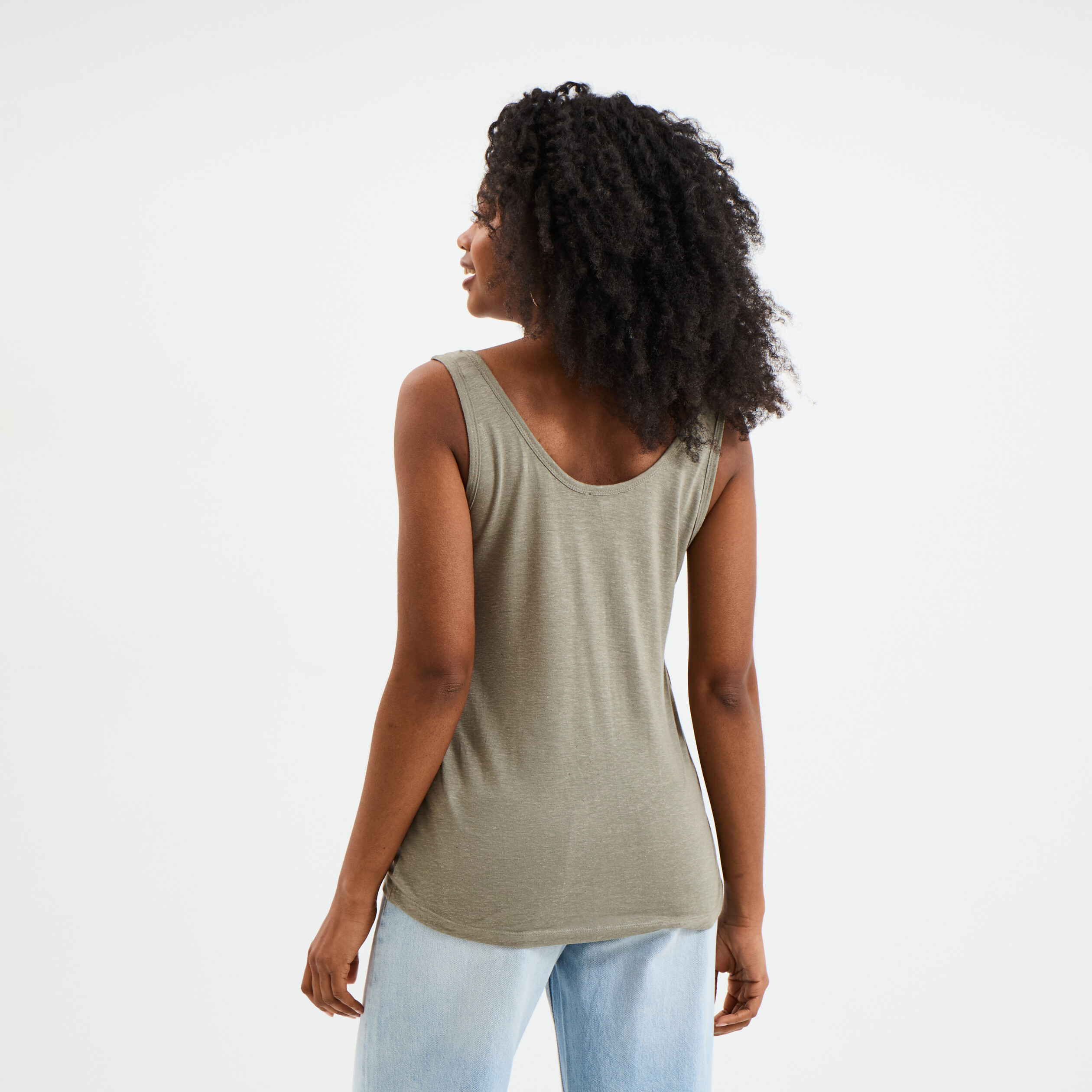 debardeur col rond lin melange vert kaki femme Débardeur col rond lin mélangé vert kaki femme