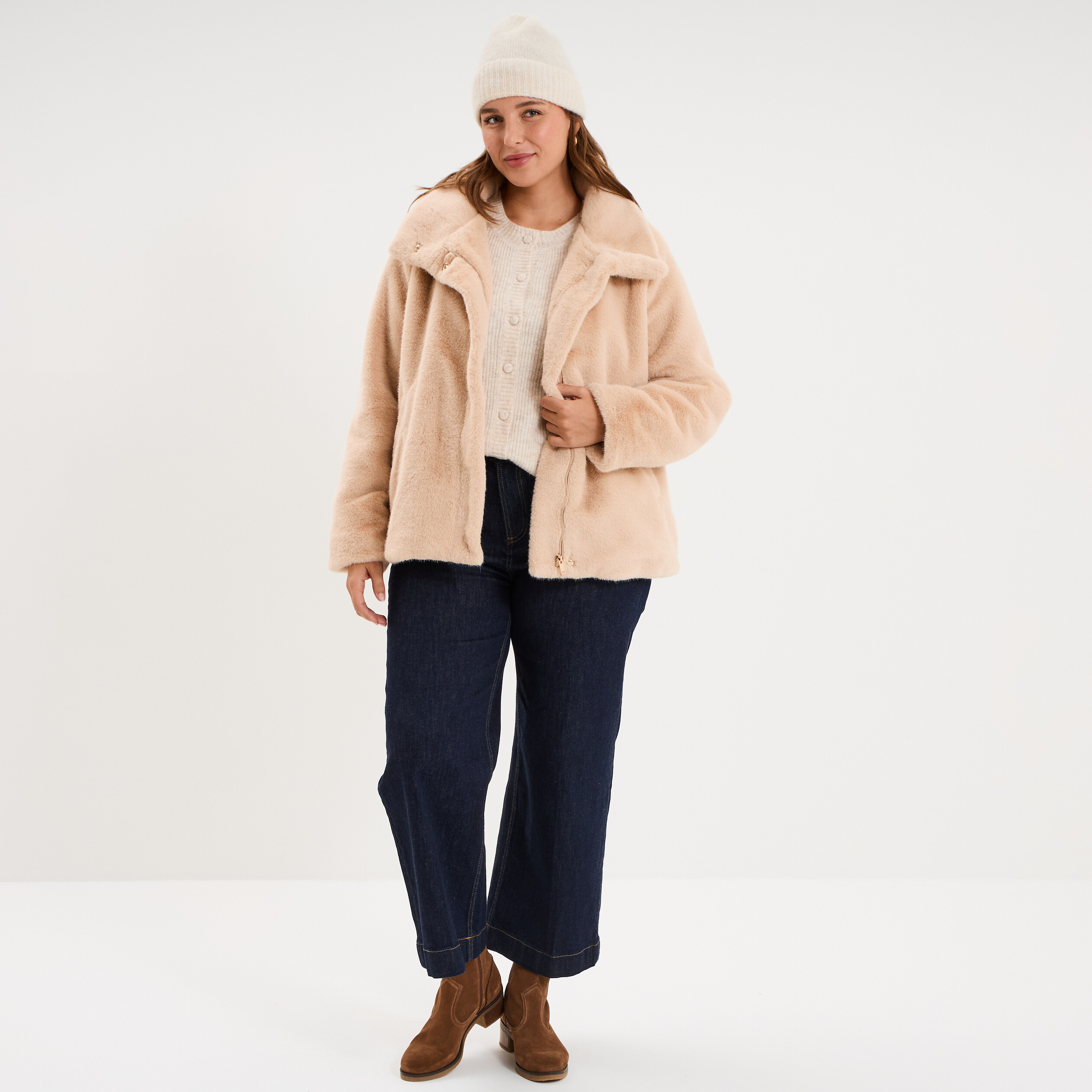 Veste fausse fourrure col montant beige femme grande taille