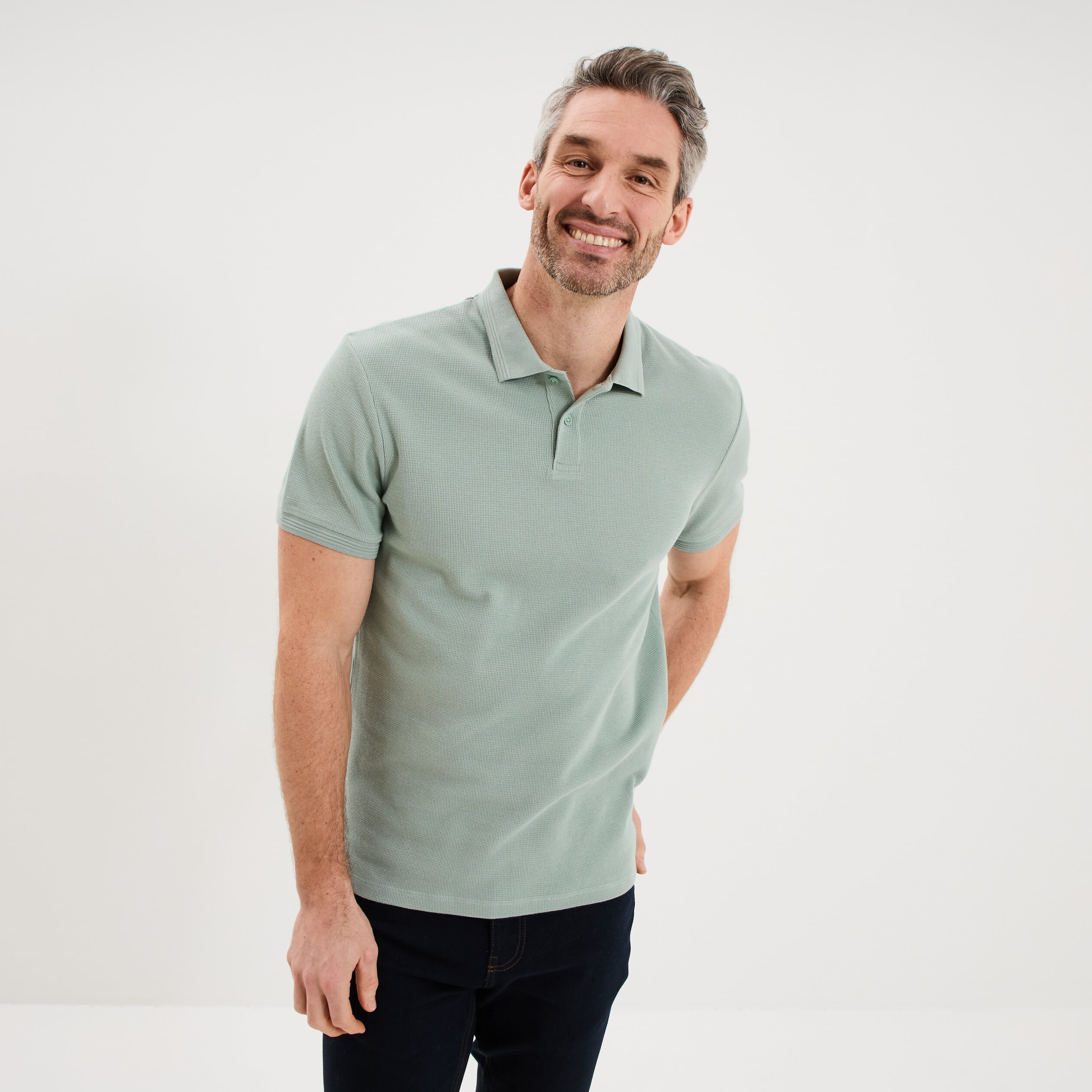 Polo textur&eacute; manches courtes coton vert pastel homme