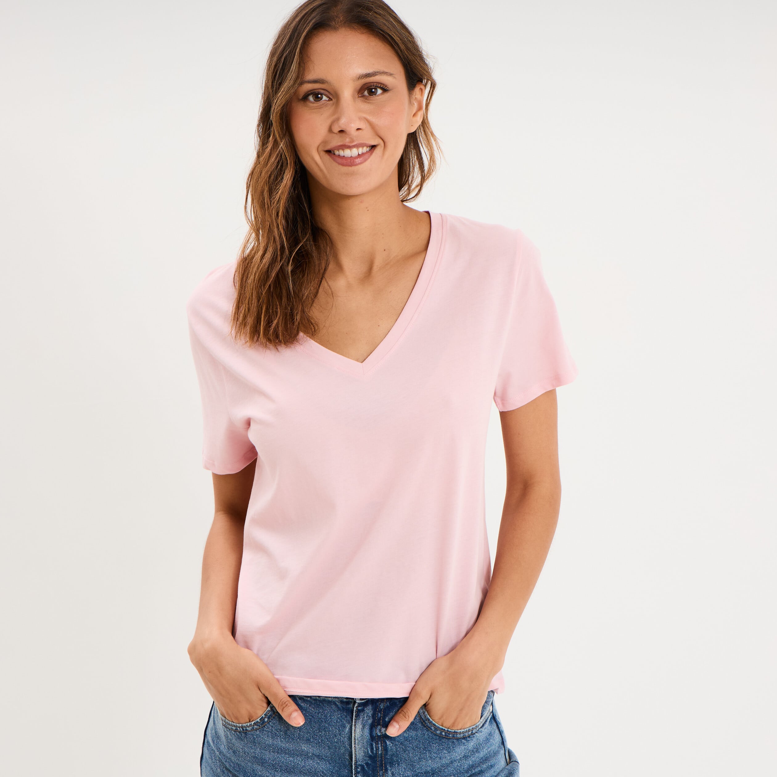 T-shirt manches courtes col en V coton rose clair femme