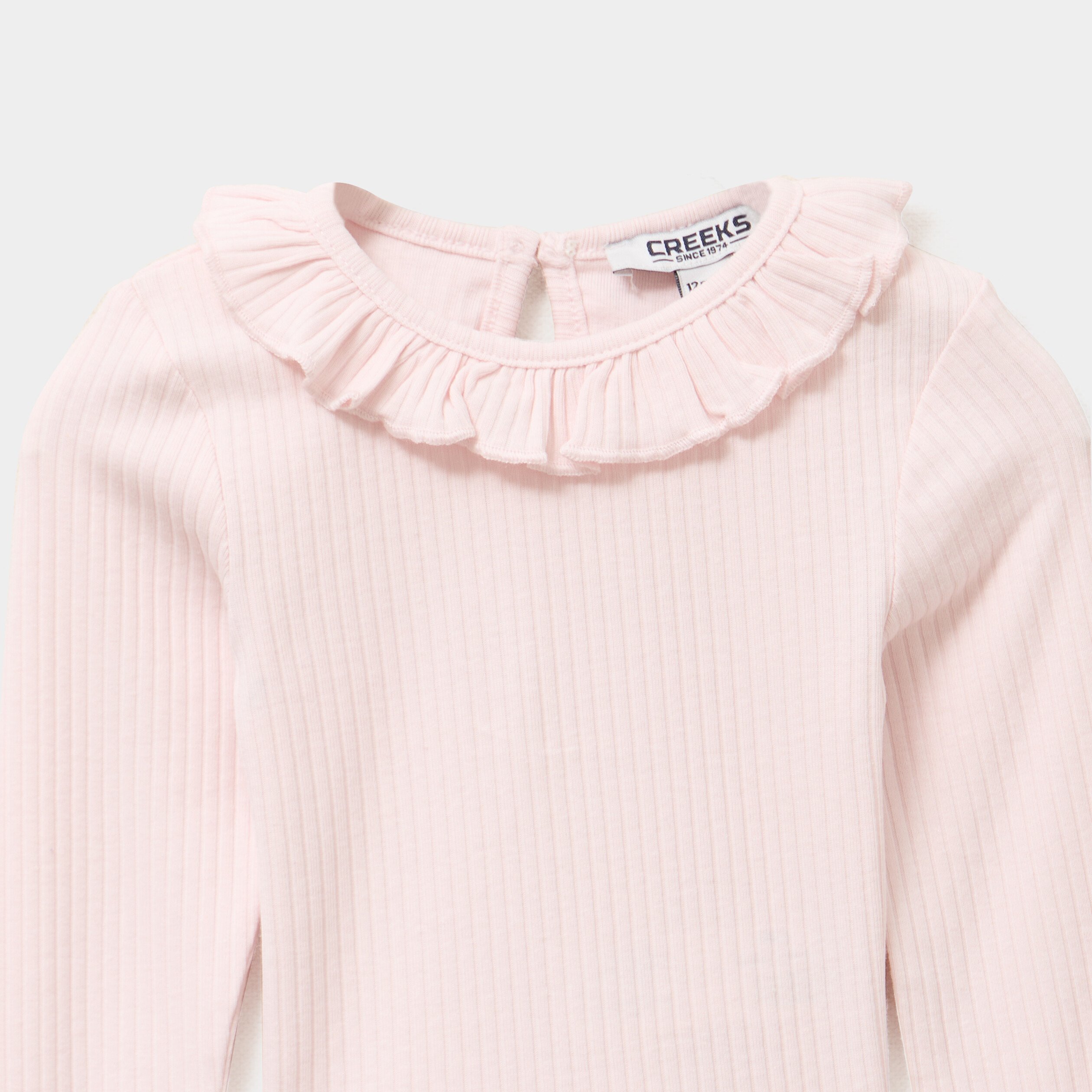 t shirt cotele col a volants rose clair bebef T-shirt côtelé col à volants rose clair bébé fille