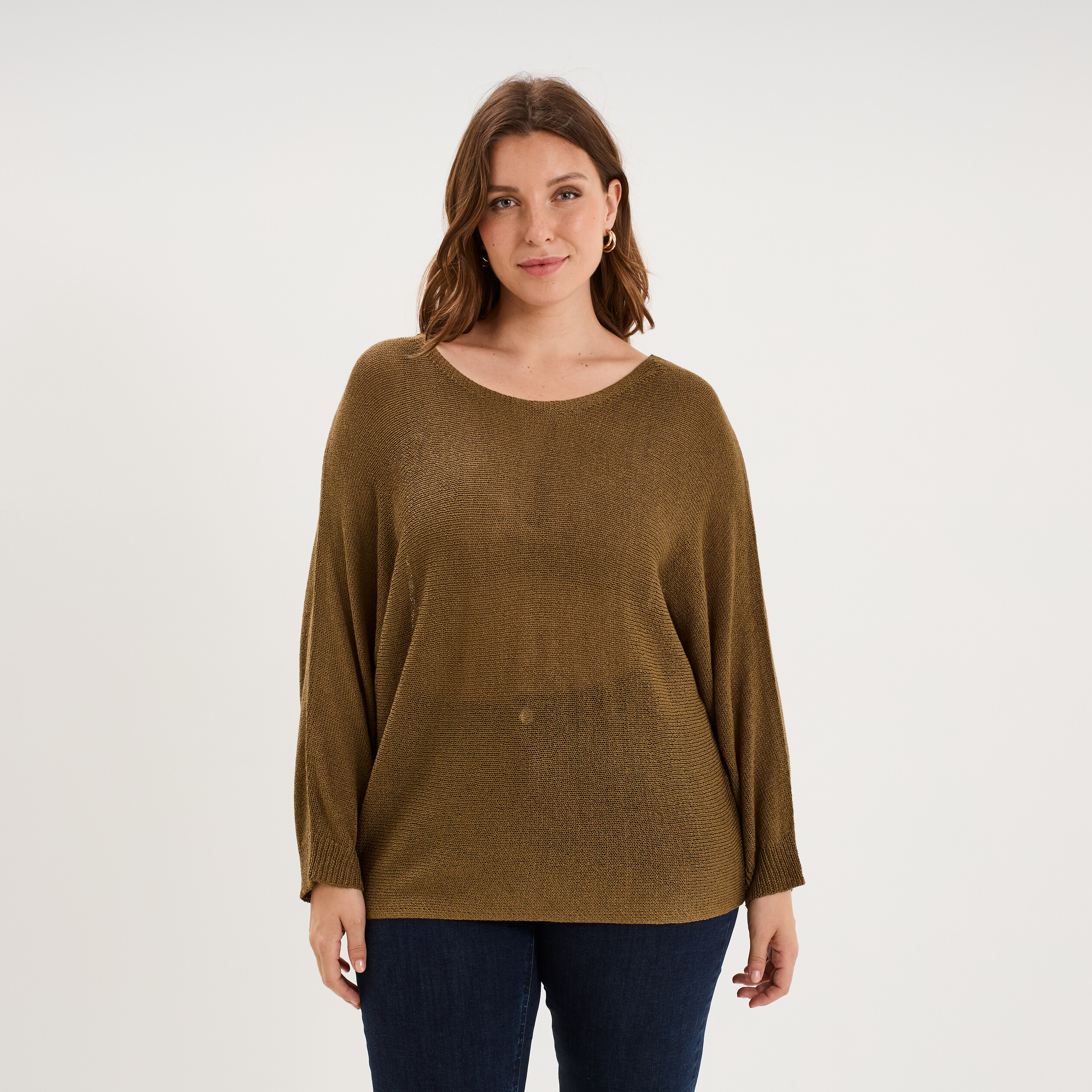 Pull manches longues col rond beige femme grande taille