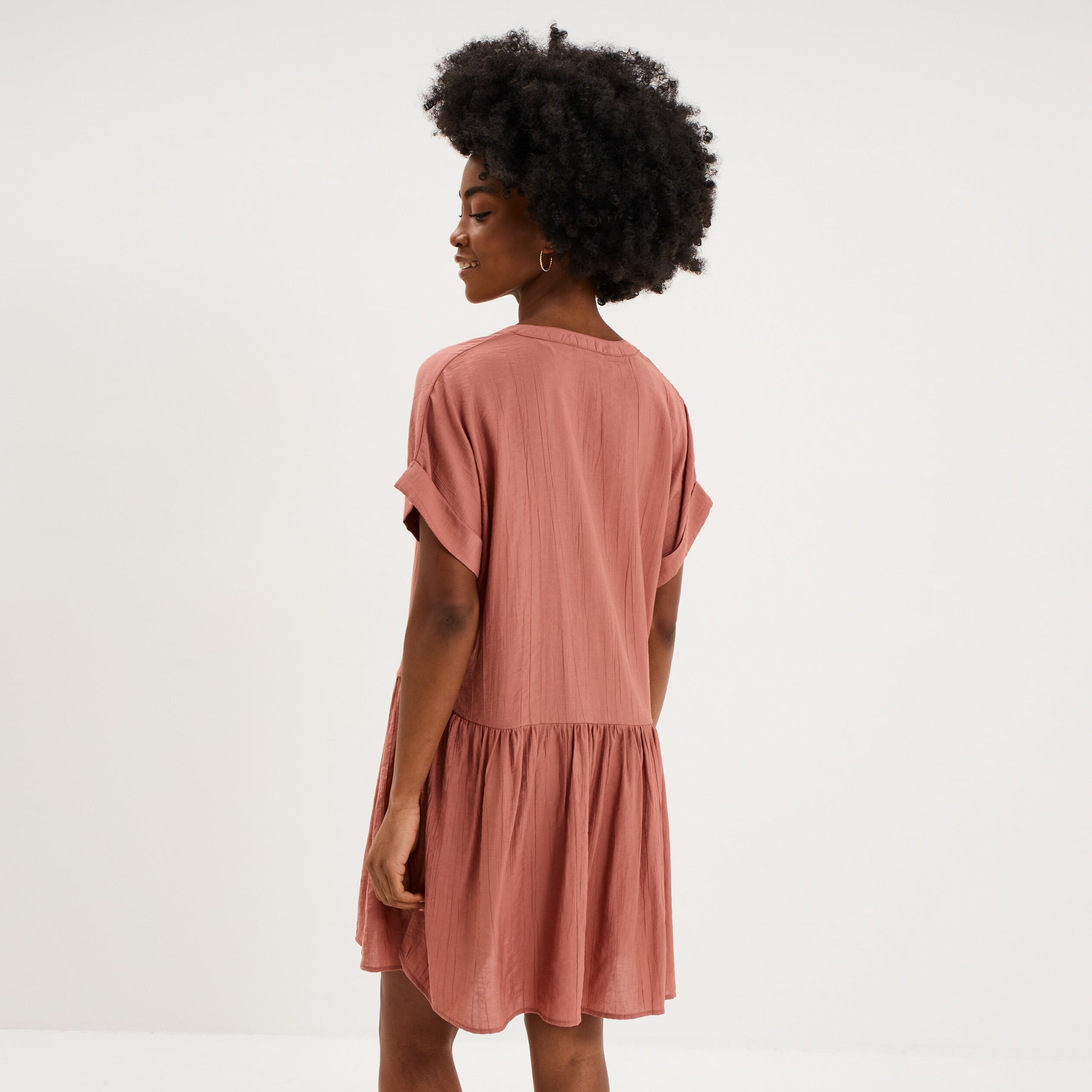 Robe courte fluide bas volants terracotta femme