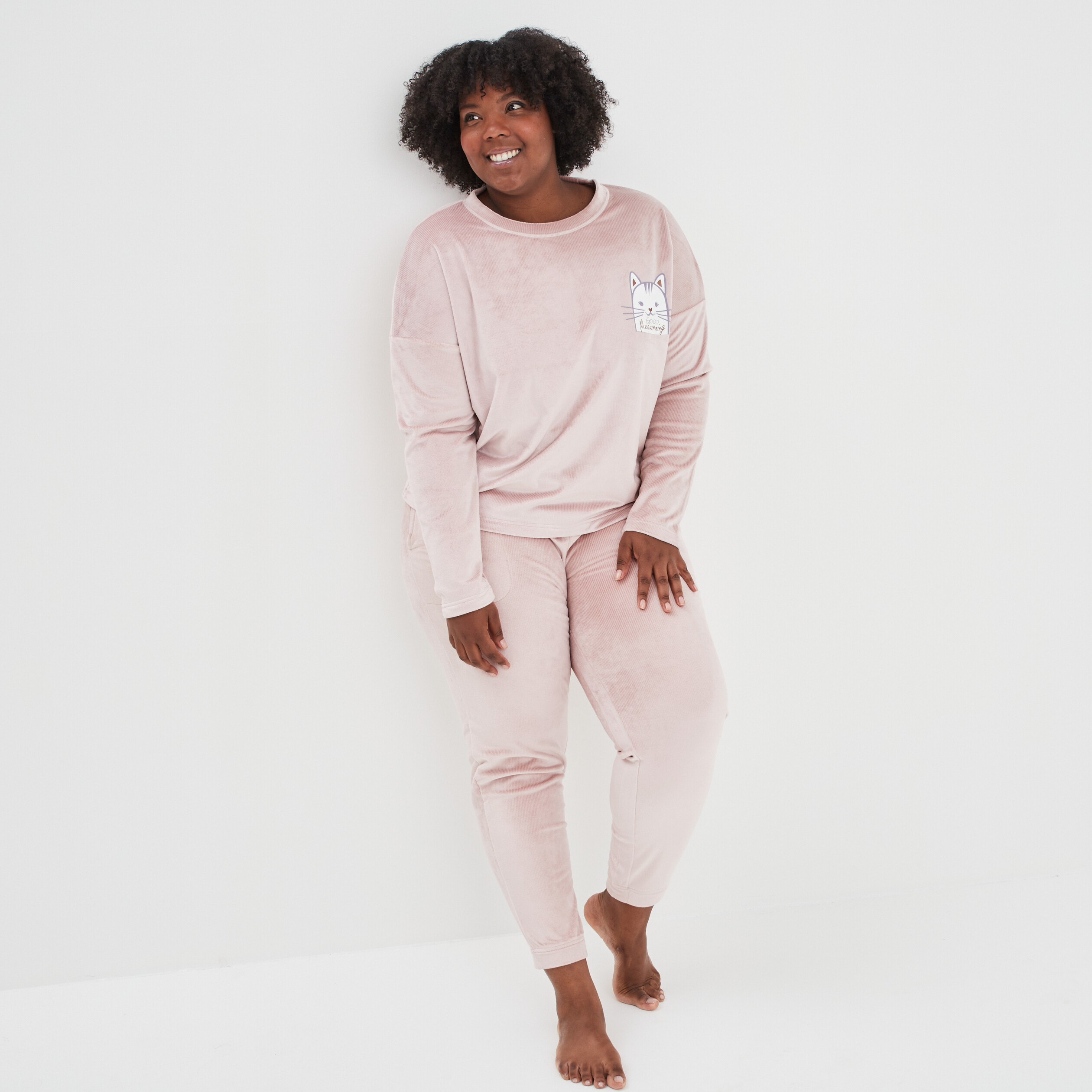 Ensemble pyjama pantalon velours côtelé rose pastel femme grande taille