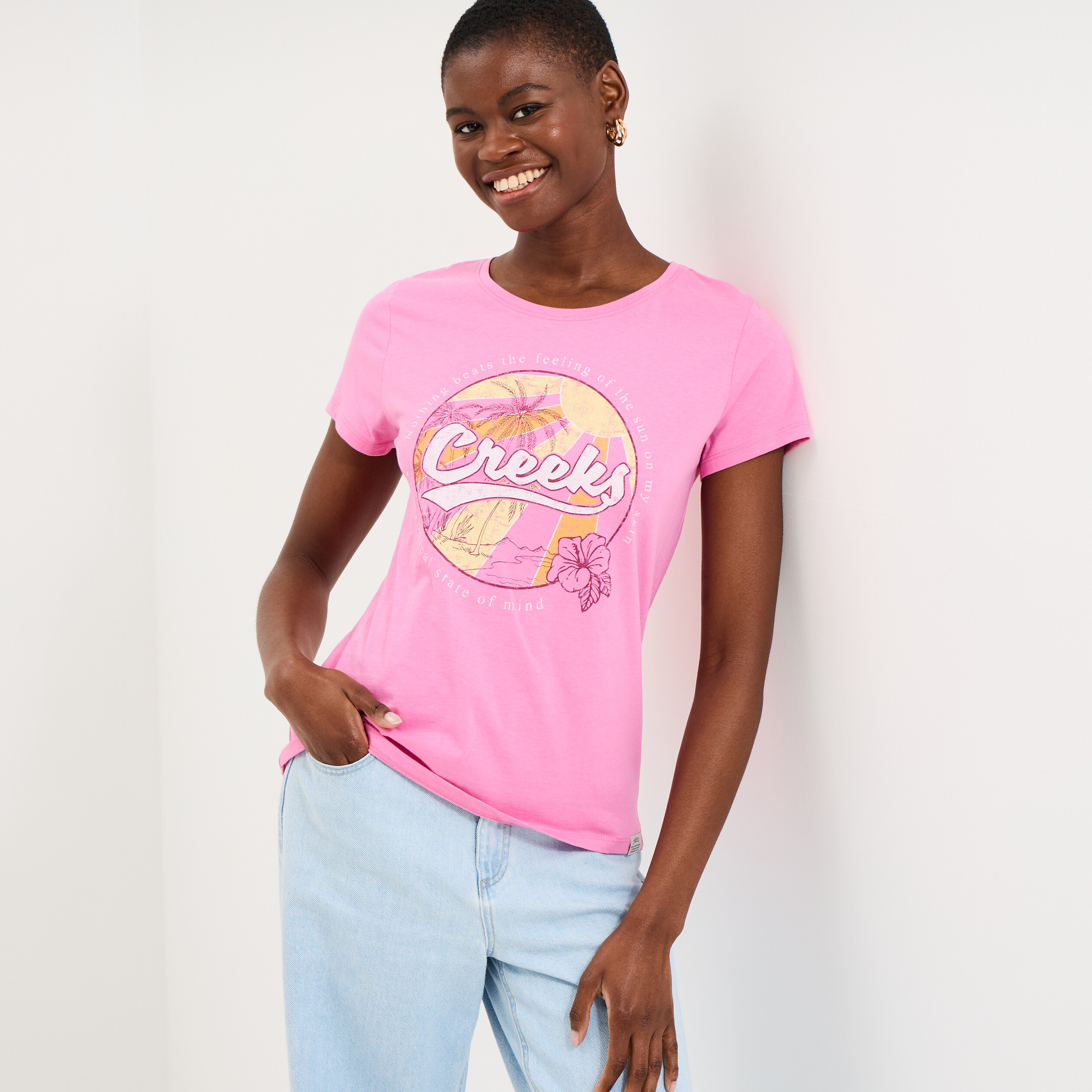 T-shirt manches courtes col rond coton rose femme
