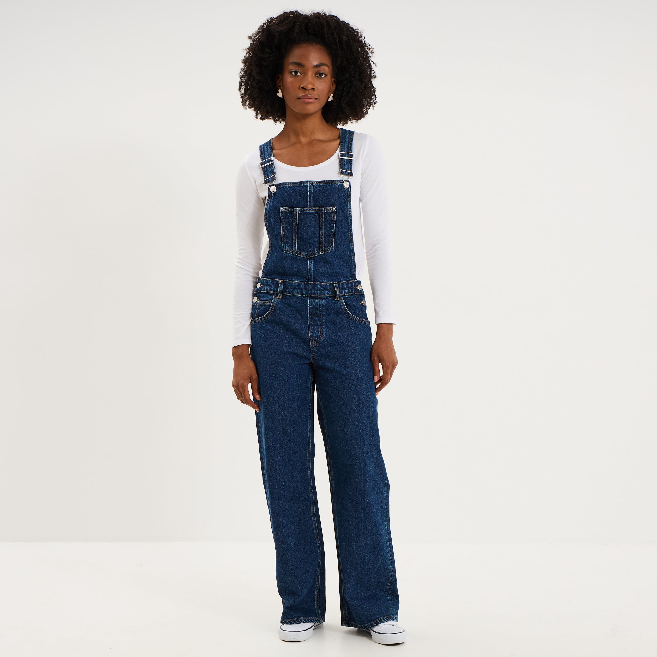Salopette en jean jambe large coton bleu fonc&eacute; femme
