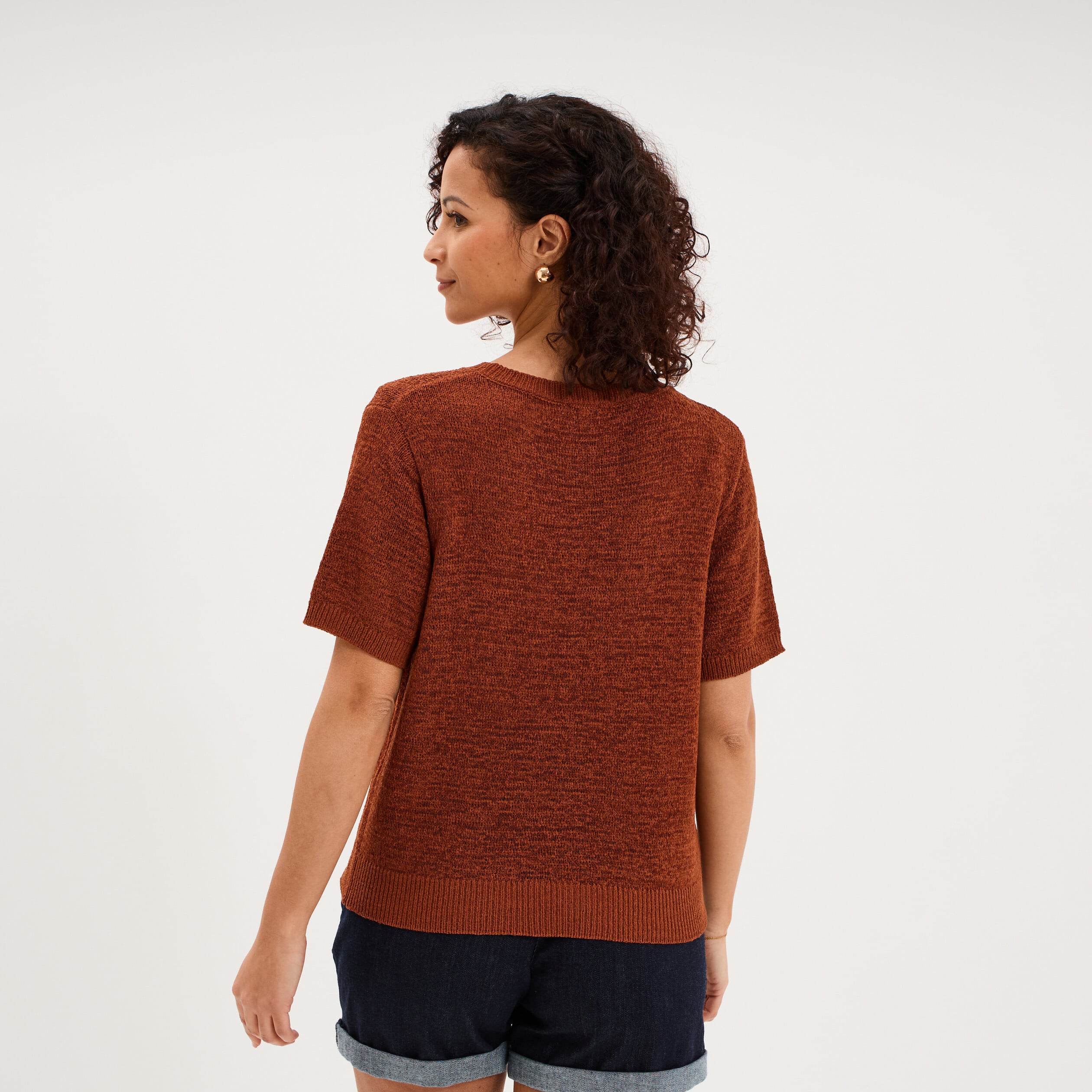 Pull manches courtes col rond camel femme