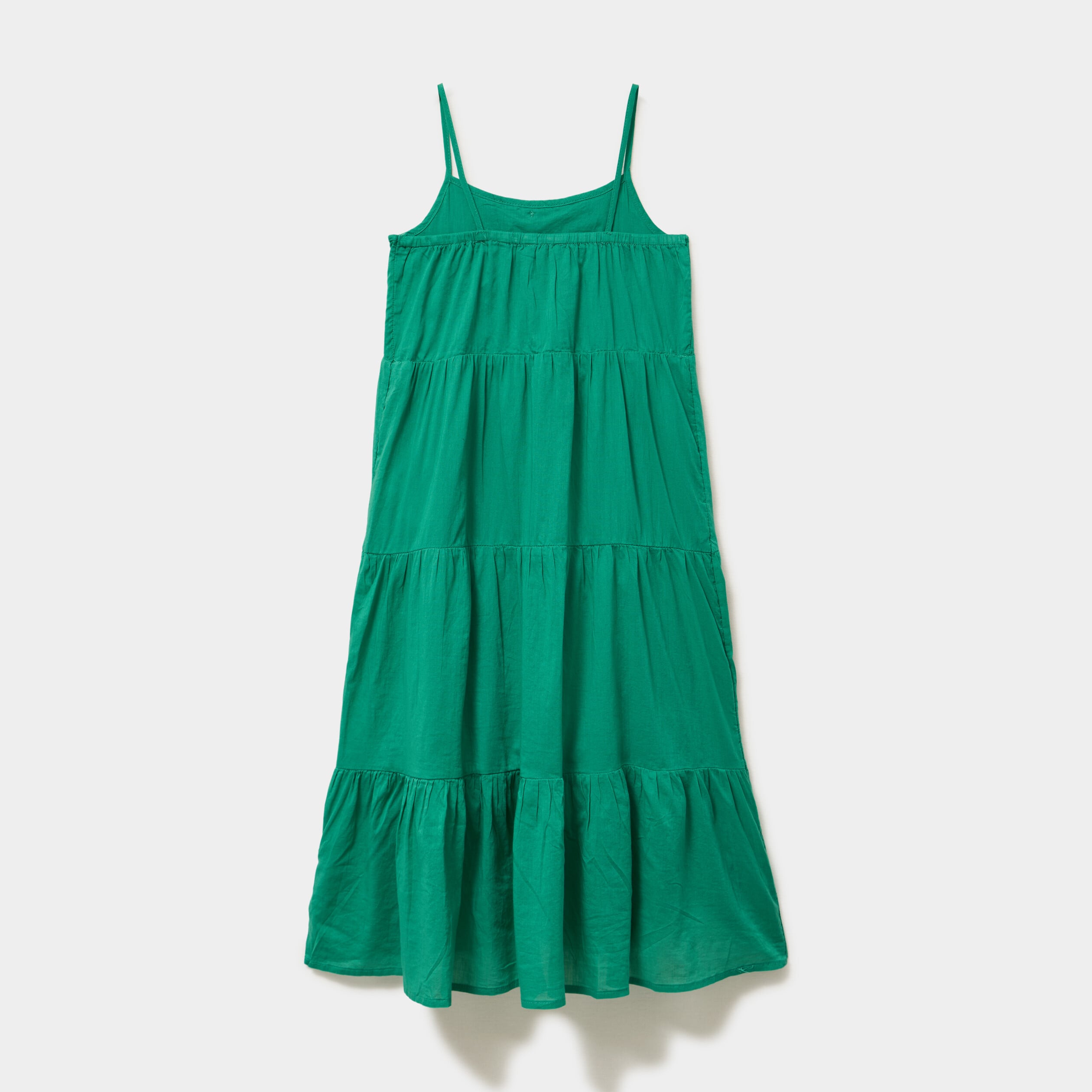 Robe longue &agrave; volants et bretelles coton vert canard fille