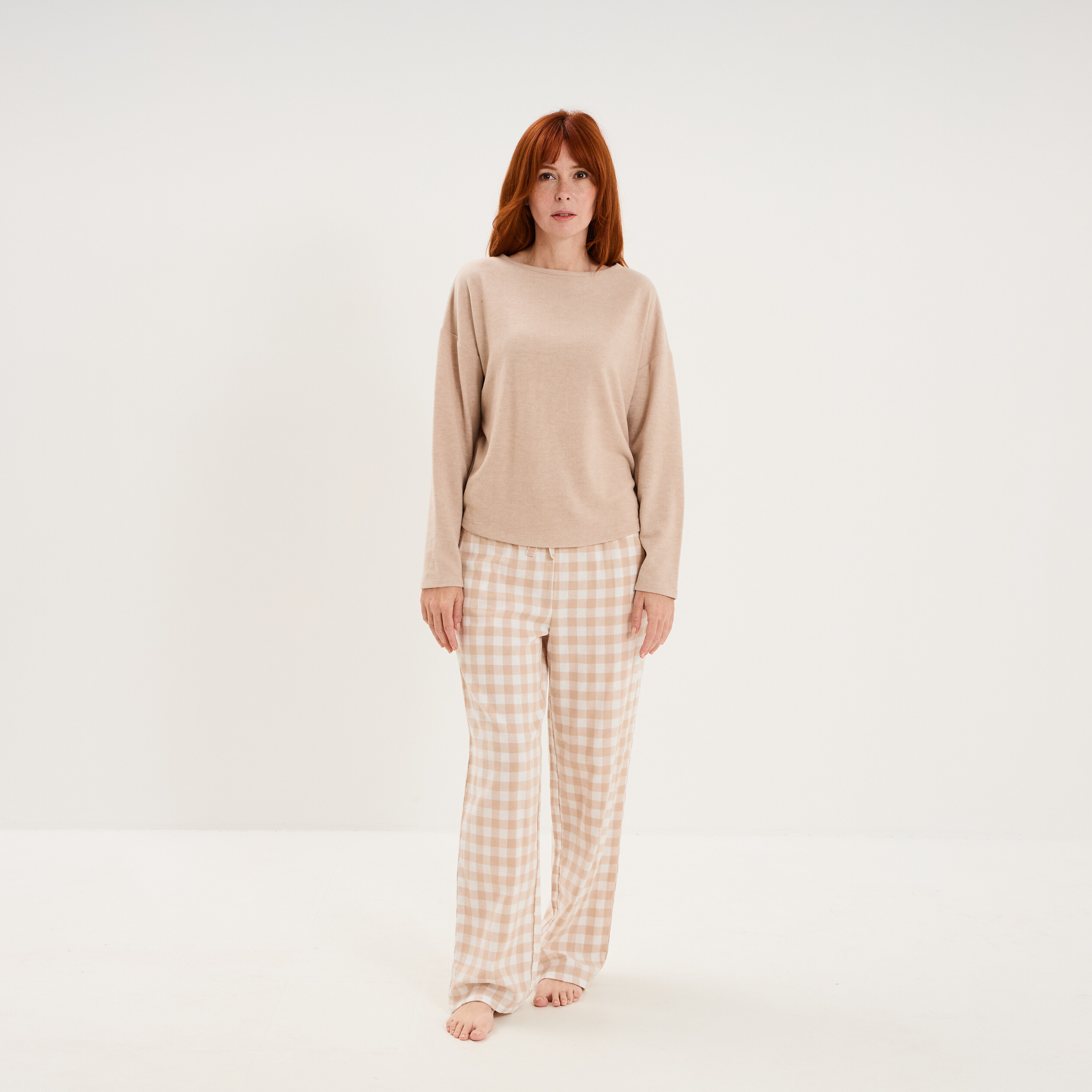 Pyjama pantalon manches longues beige clair femme