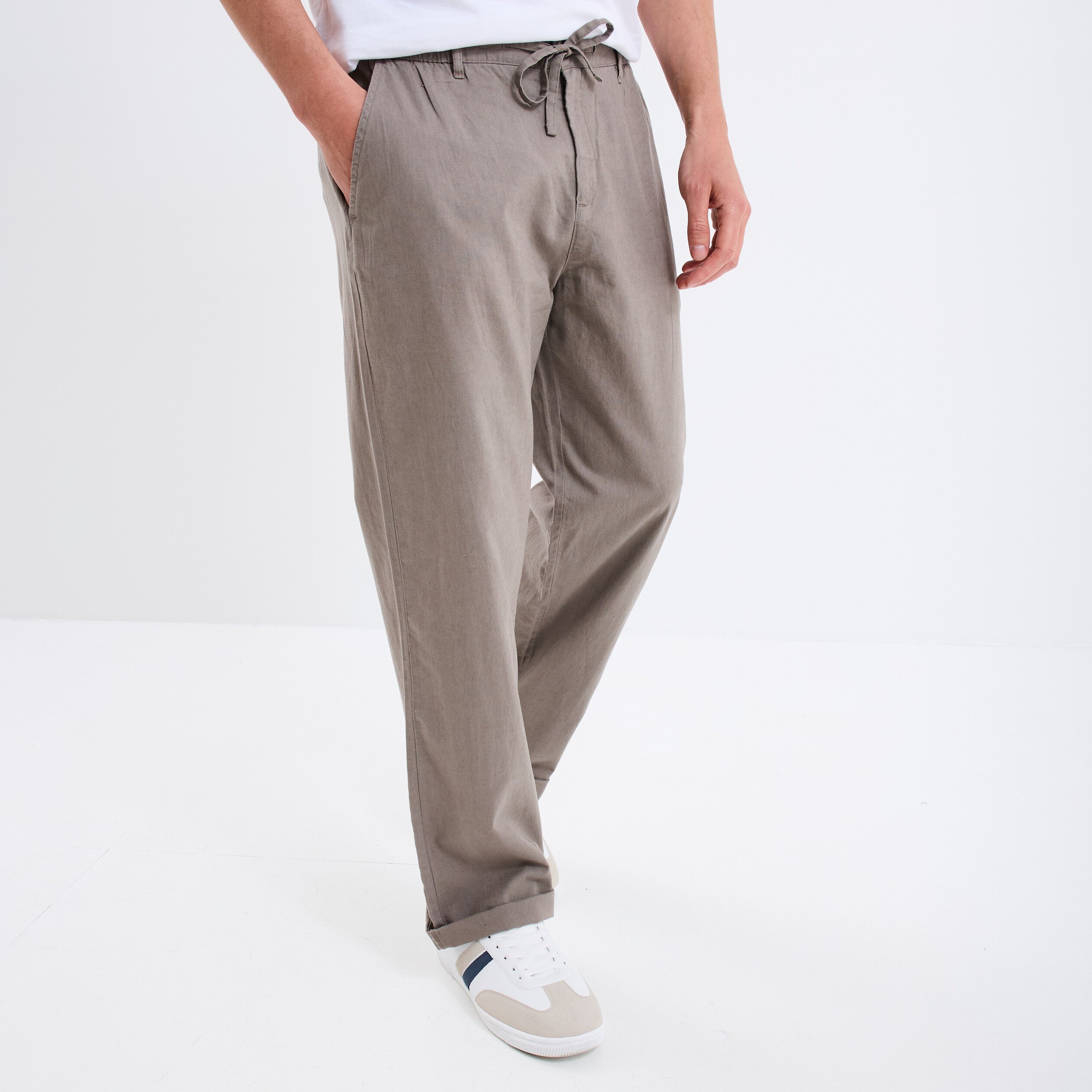 pantalon chino melange lin coton gris homme Pantalon chino mélange lin coton gris homme