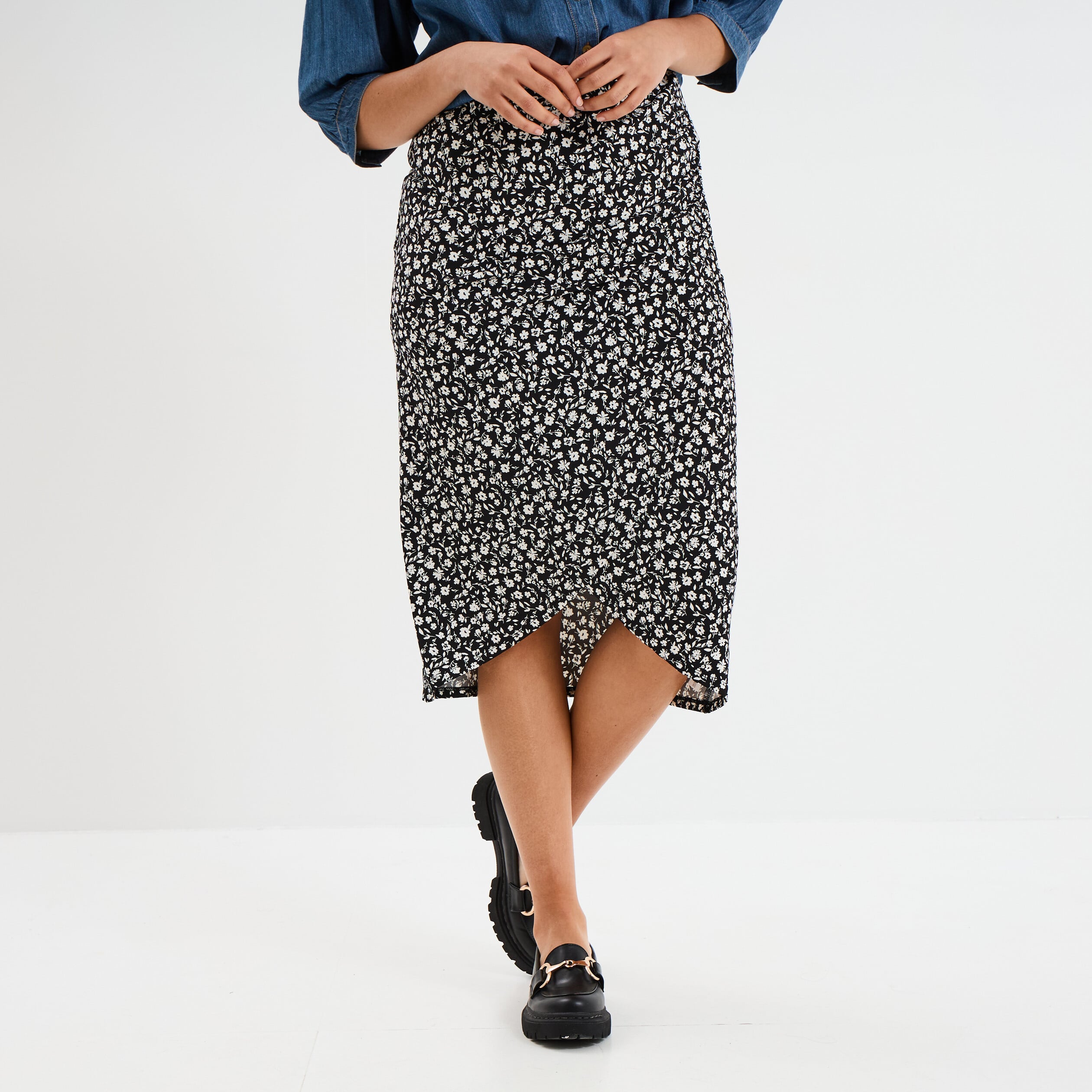 Jupe longue portefeuille stretch noir femme