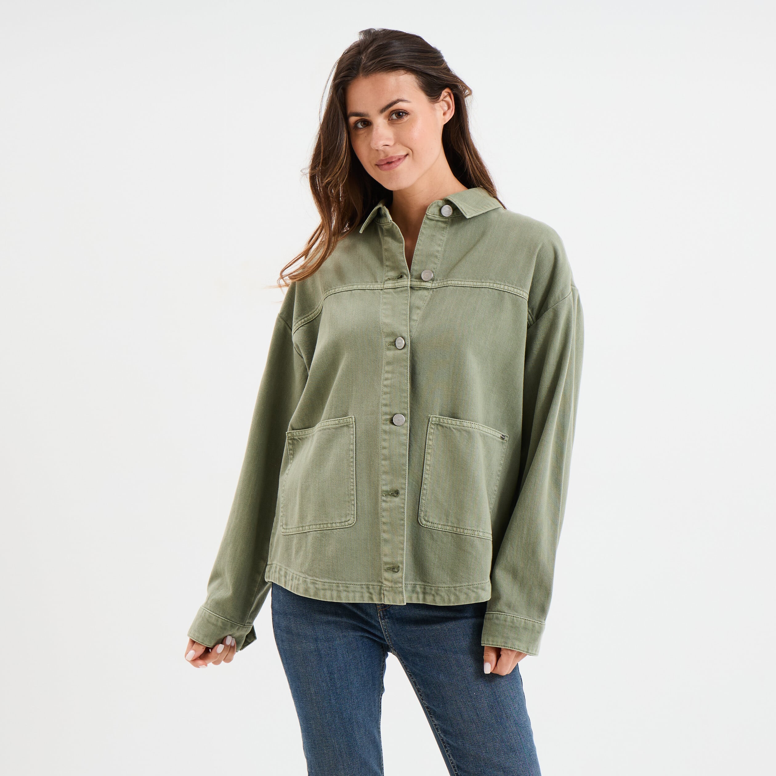 Veste surchemise oversize en jean coton vert kaki femme
