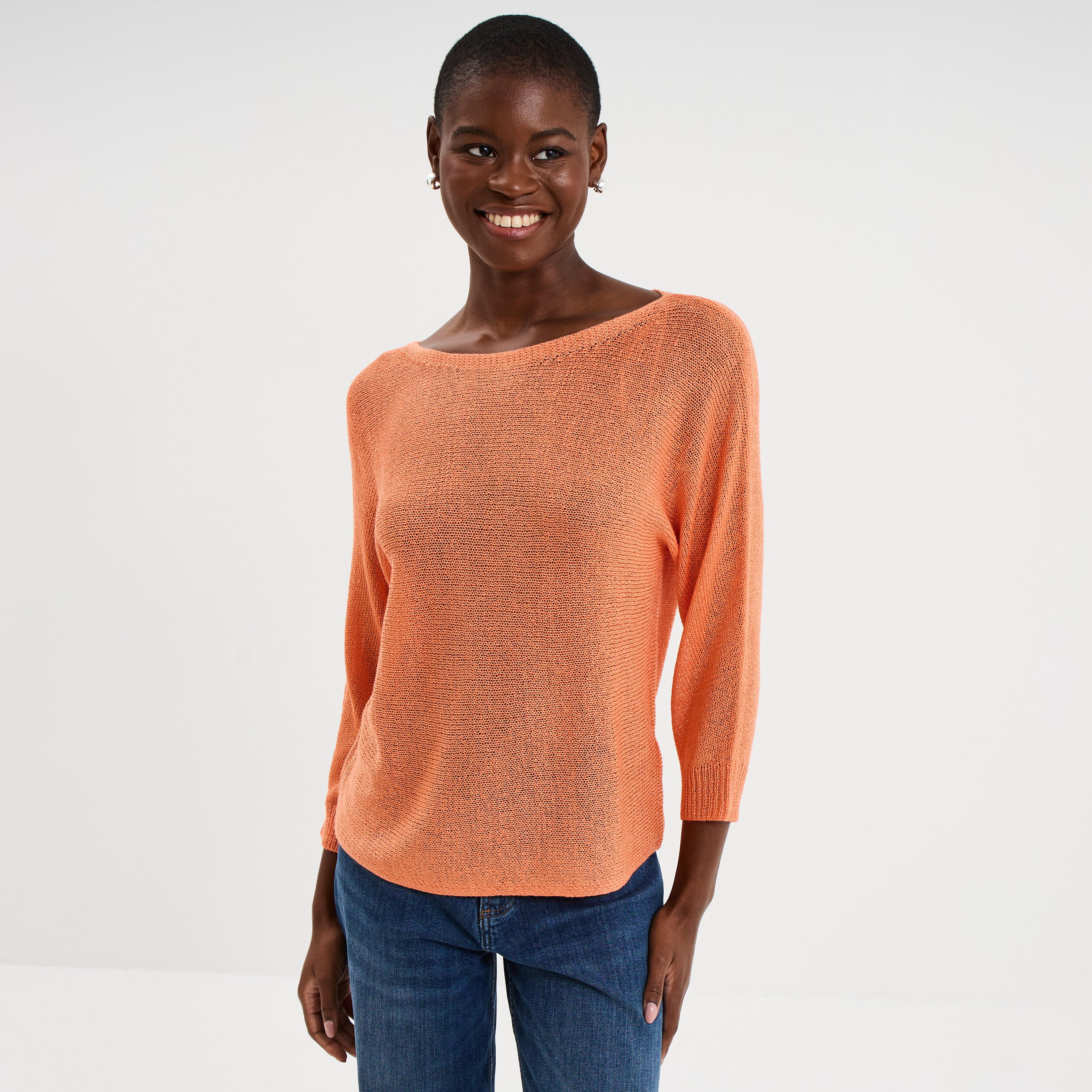 Pull droit col rond manches longues orange corail femme