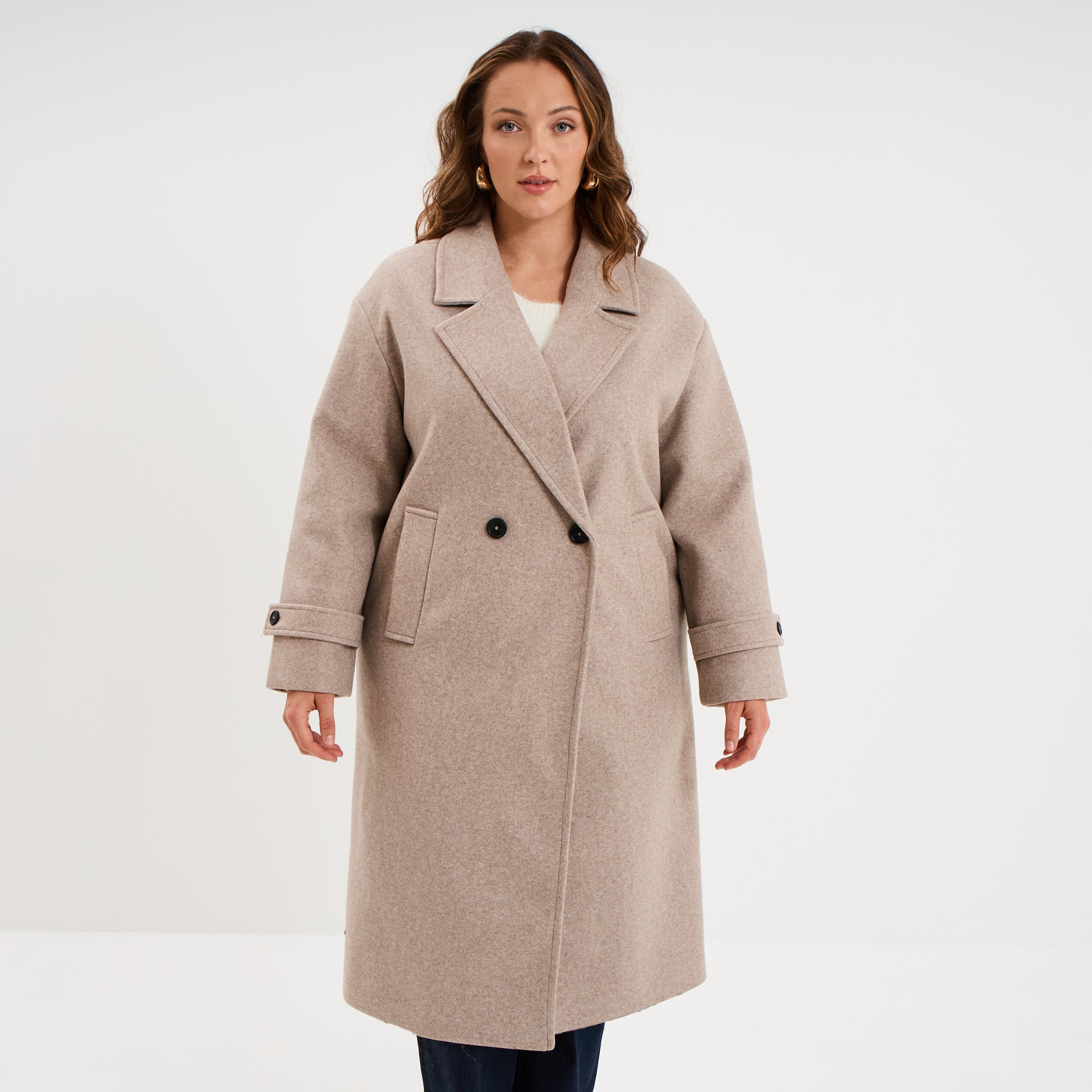 Manteau double boutonnage beige femme grande taille